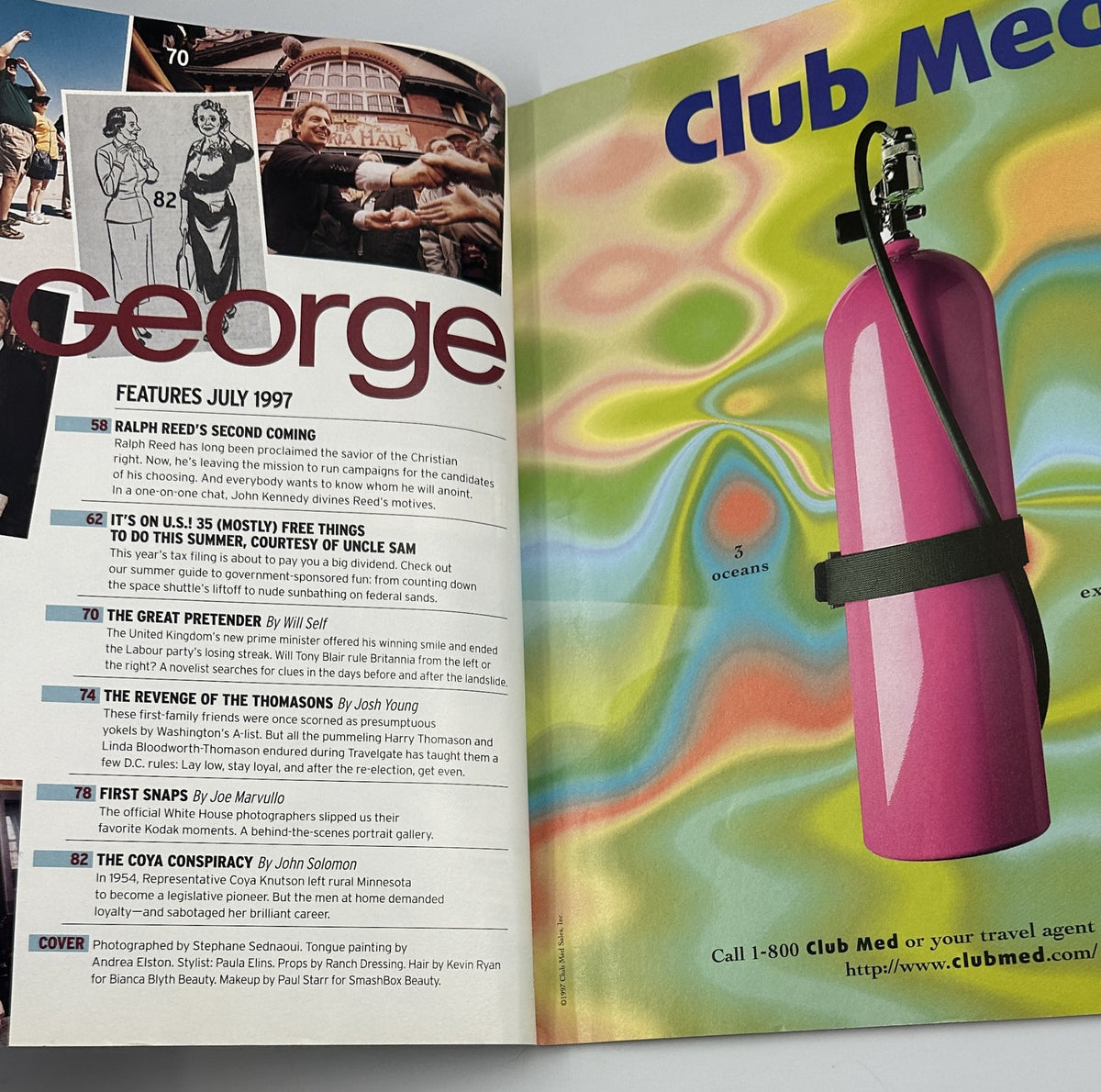 Inside spread of George Magazine July 1997 featuring notable articles, including 'Ralph Reed's Second Coming' and 'It's On U.S.! 35 Free Summer Activities'.