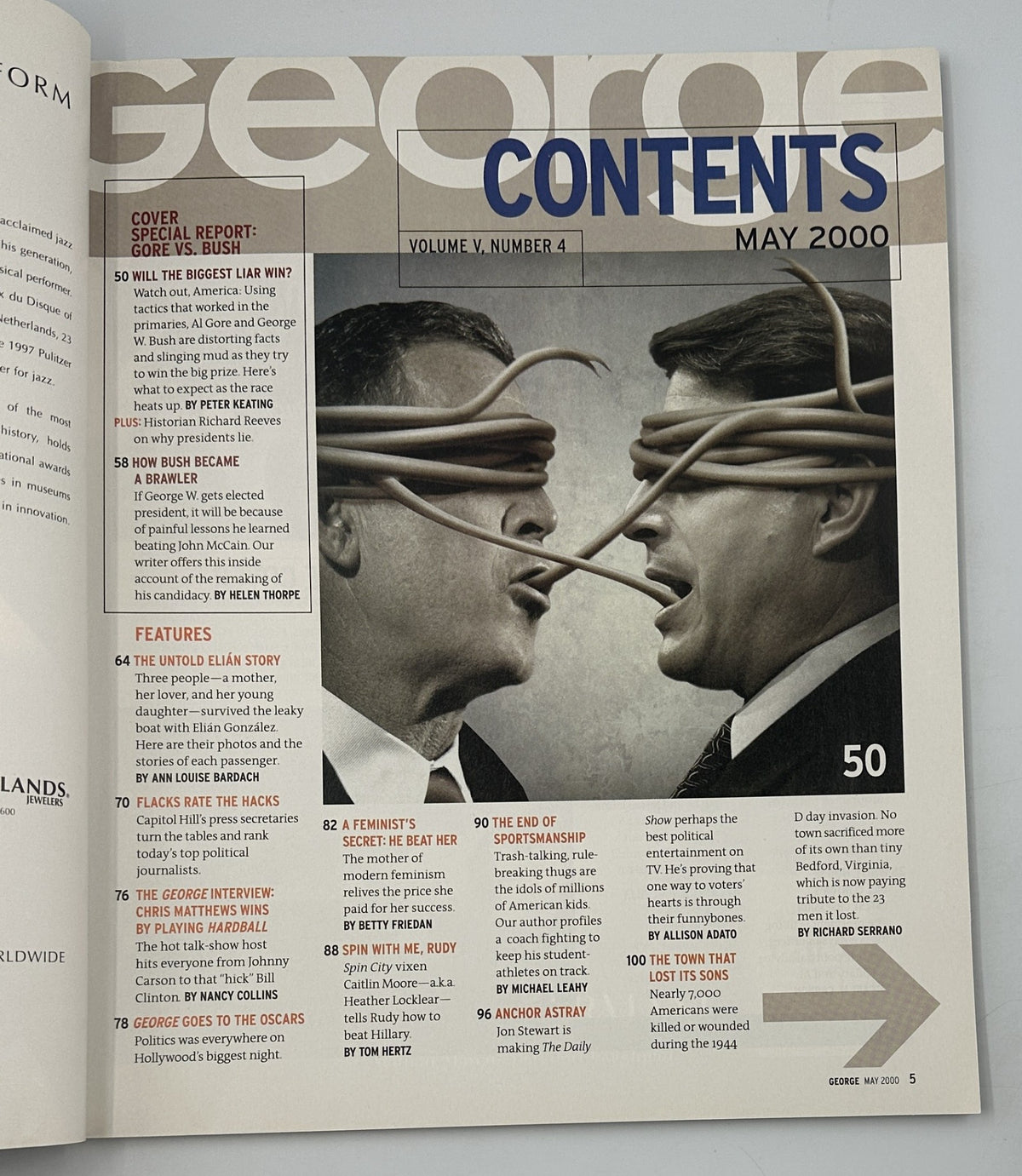 Contents page of George Magazine May 2000 showcasing features including Al Gore vs. George W. Bush, the untold Elián story, and Chris Matthews interview.