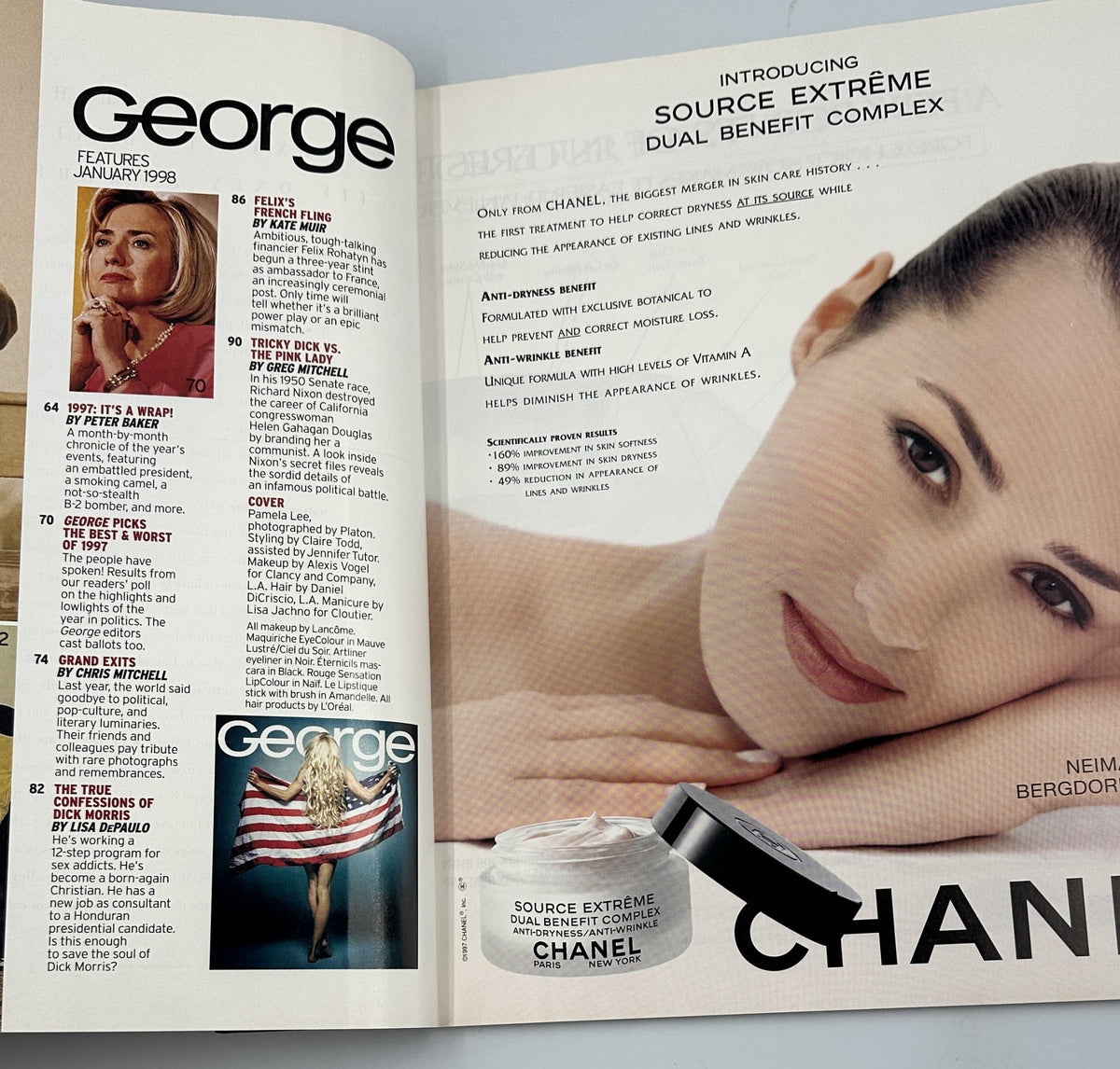 Inside page of George Magazine January 1998, showcasing features including Dick Morris' article and an advertisement for Chanel's Source Extrême skincare product, with a visible image of the magazine cover featuring Pamela Anderson Lee.