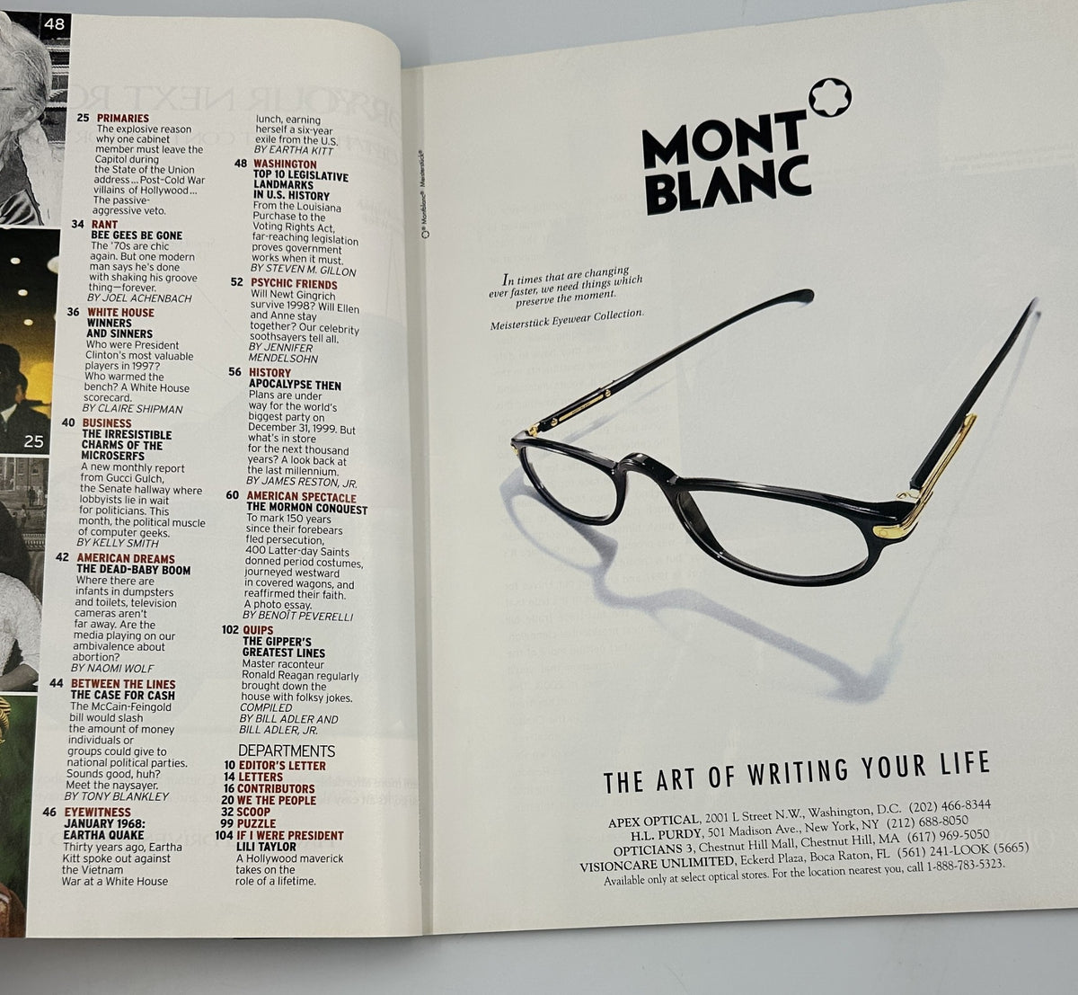 Interior page from George Magazine January 1998 featuring an advertisement for Mont Blanc eyewear, showcasing stylish eyeglasses alongside text promoting the art of writing your life.