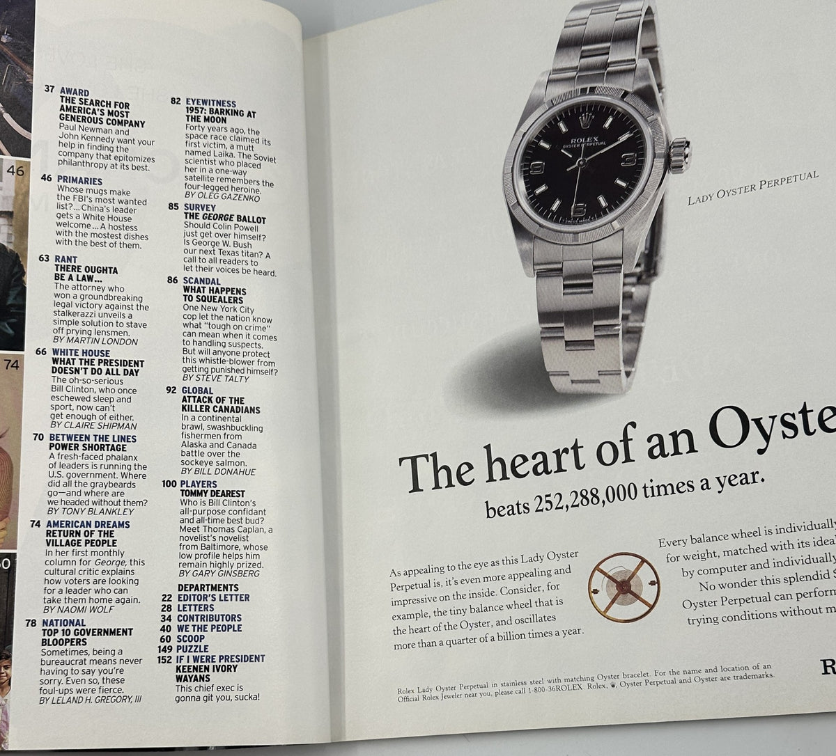 Another inside page of George Magazine November 1997 listing various articles including 'Primaries', 'Rant', and 'Survey', accompanied by a watch advertisement, emphasizing the magazine's coverage of politics and culture.