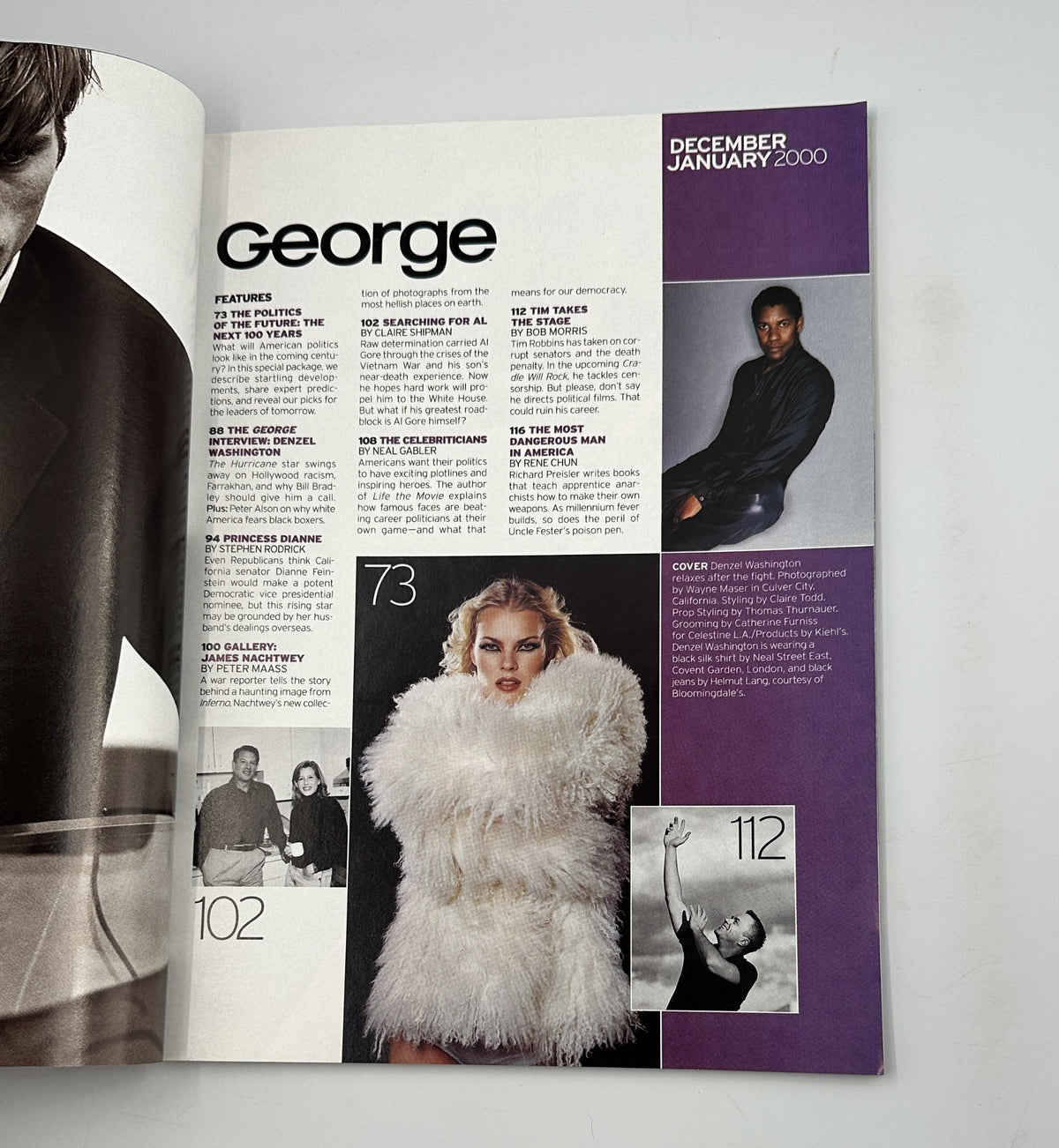 Inside page of George Magazine December 2000, presenting features and articles including Denzel Washington's insights, political content, and celebrity profiles.