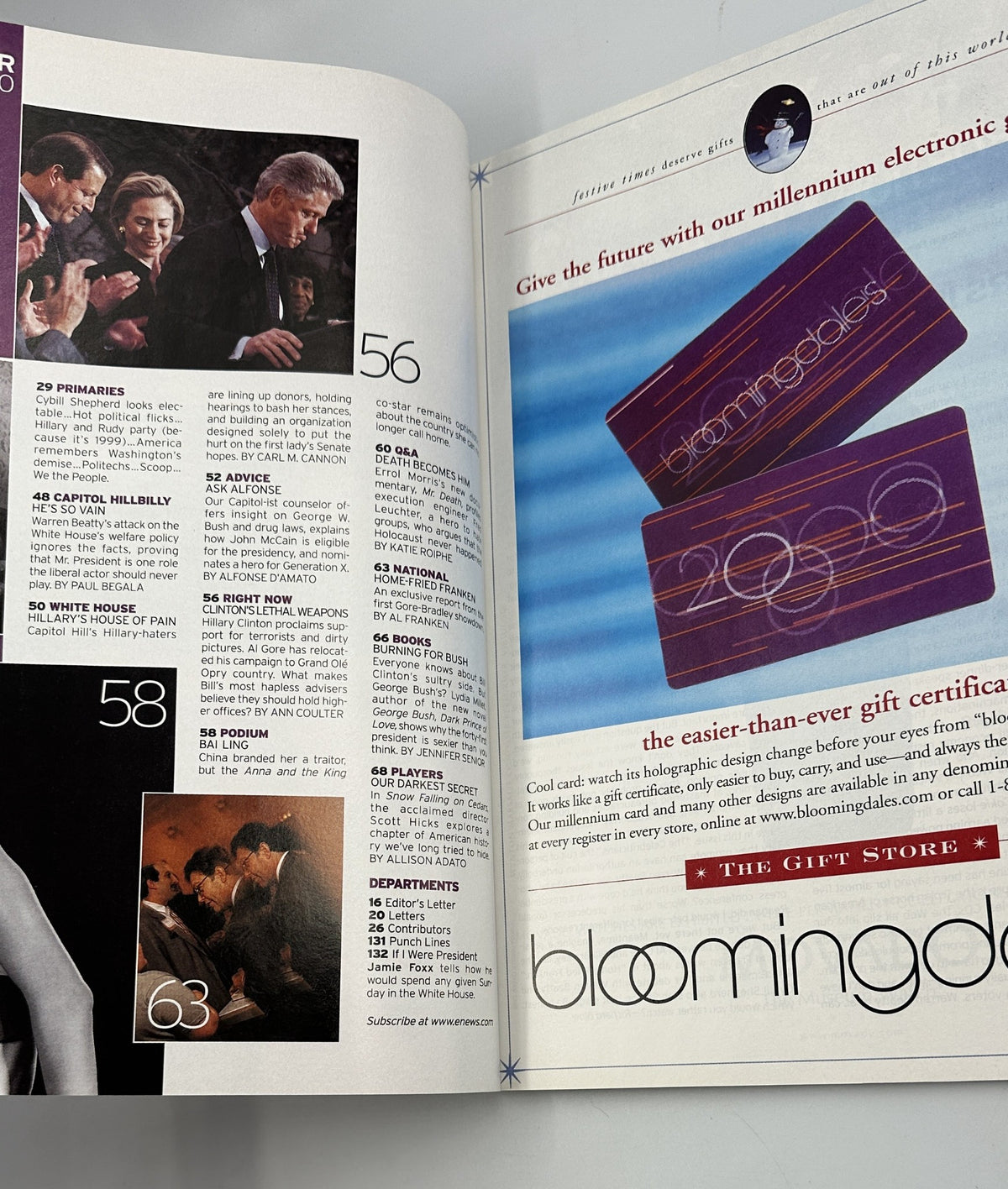Another inside page of George Magazine December 2000, detailing more features including political commentary and notable celebrity articles.