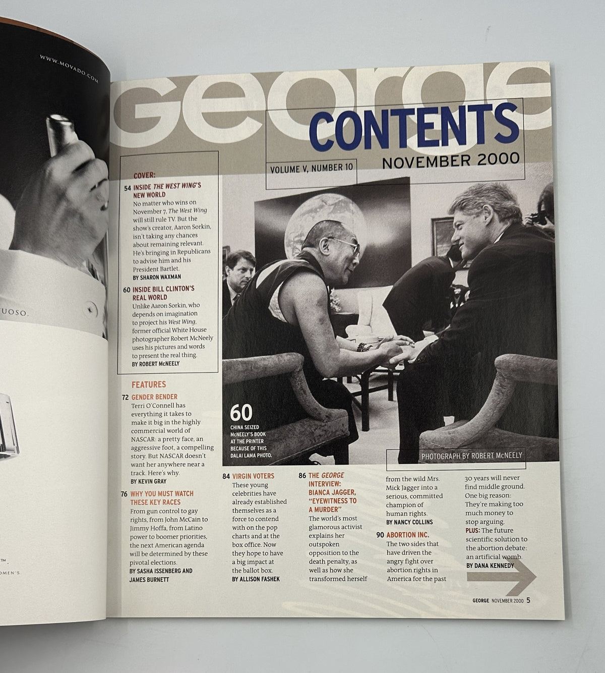 George Magazine November 2000 cover page featuring contents including inside the West Wing and Bill Clinton's real world. The issue highlights various political topics and includes a photograph by Robert McNeely.