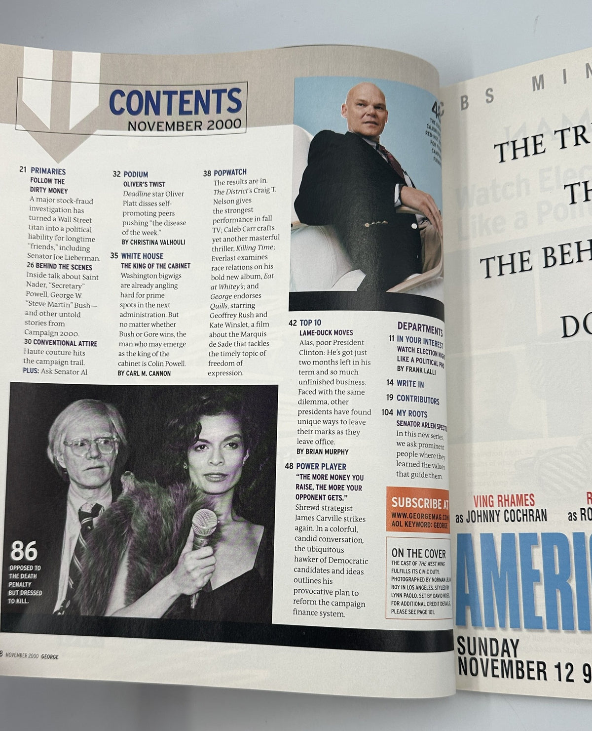 Contents page of George Magazine November 2000 showing sections like 'Primaries', 'Podium', and 'Top 10', featuring prominent figures like James Carville and Senator Al.