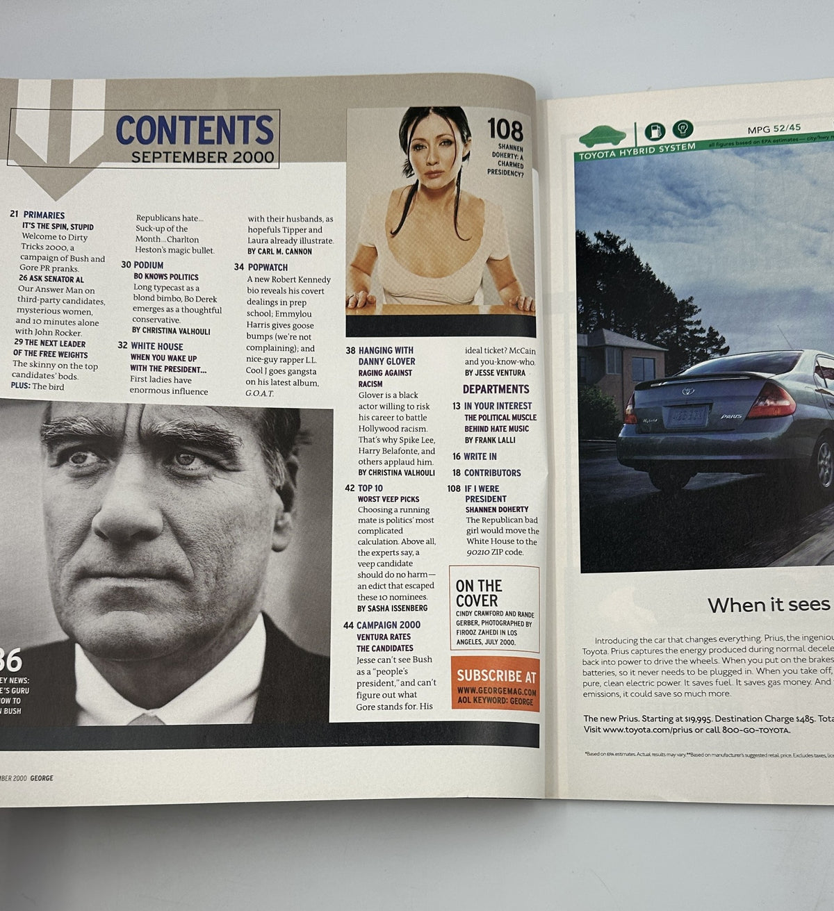 Another view of the table of contents from George Magazine September 2000, highlighting various segments including political insights and guest contributions.