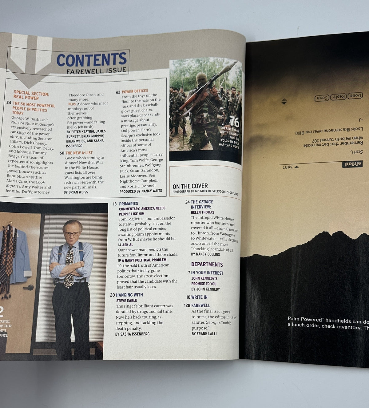 Another view of the Table of Contents from the Farewell Issue of George Magazine, showing highlights and various articles.