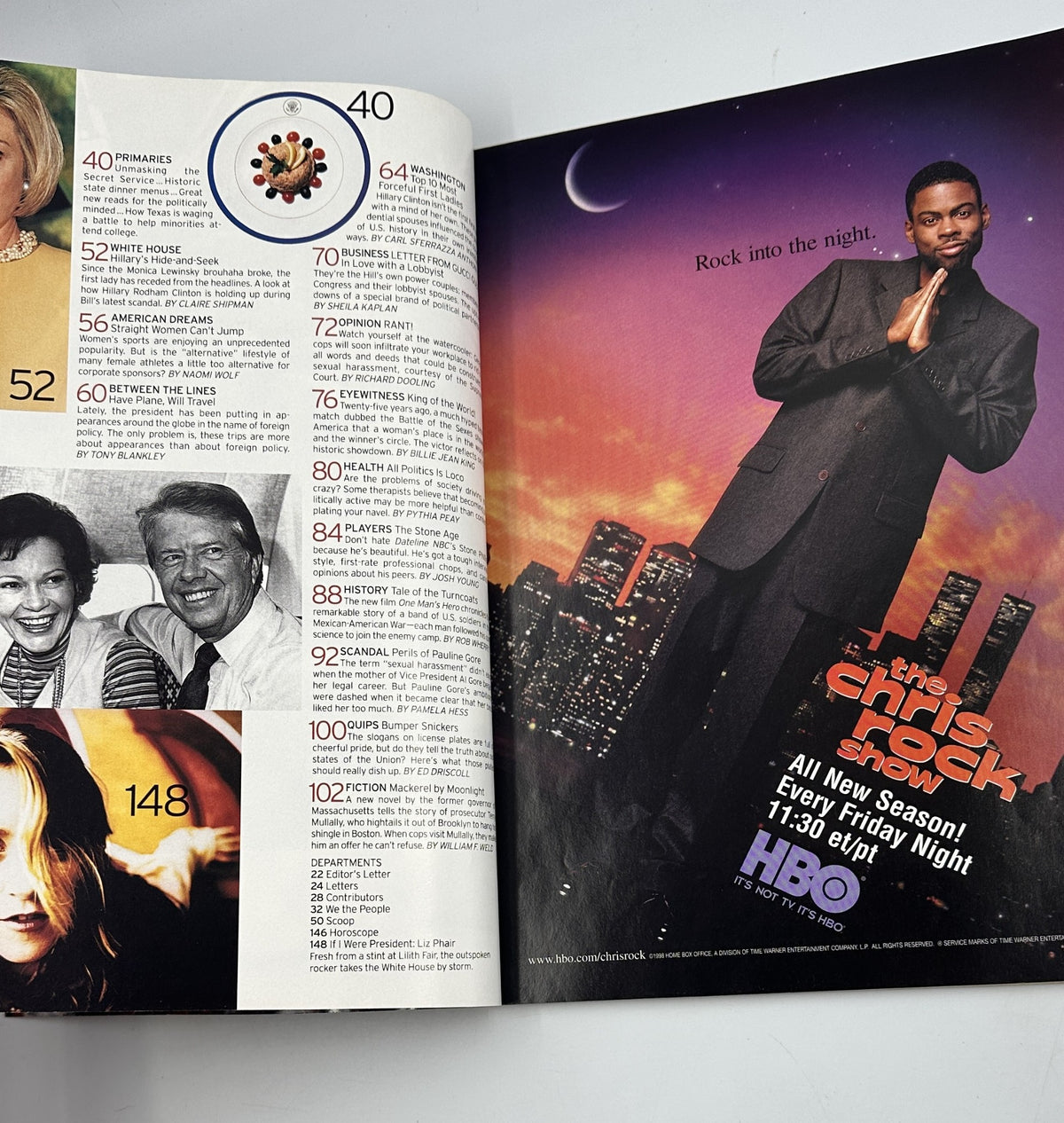 A spread from George Magazine September 1998 detailing various articles, including politics and pop culture, featuring images of notable figures like Bill Clinton and topics discussed in the magazine.
