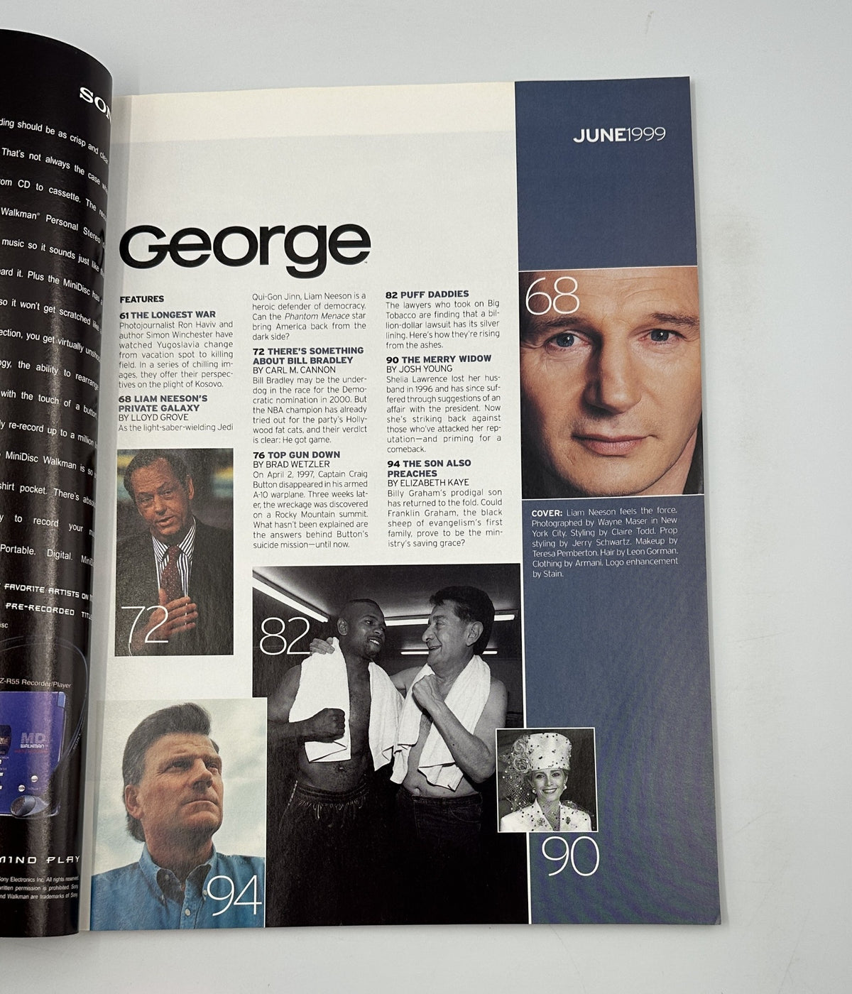 George Magazine June 1999 featuring Liam Neeson, with sections on politics and notable figures including Bill Bradley. Highlights include articles on Kosovo and celebrity features.