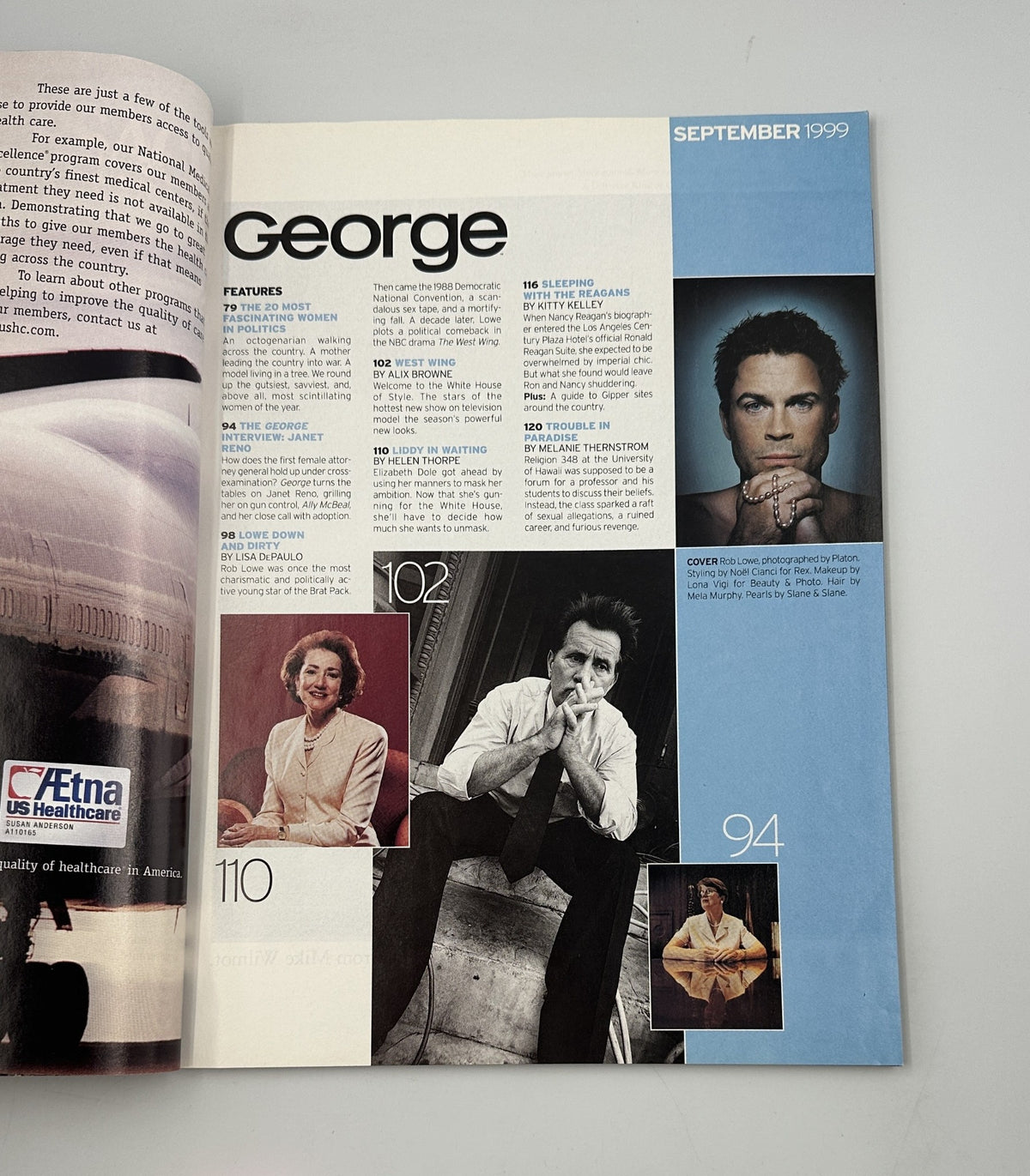Inside page of George Magazine September 1999 showcasing the content list, including articles on Rob Lowe, Janet Reno, and various features related to politics and entertainment.