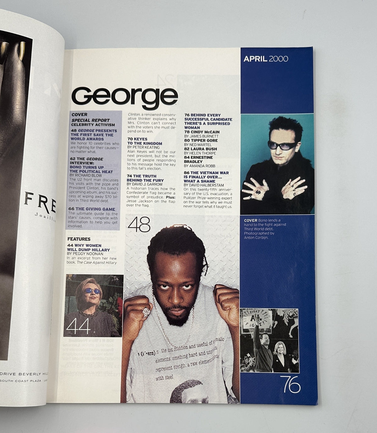 Interior page of George Magazine April 2000 displaying the contents section, featuring a layout with notable articles, including a section on Bono and celebrity activism.