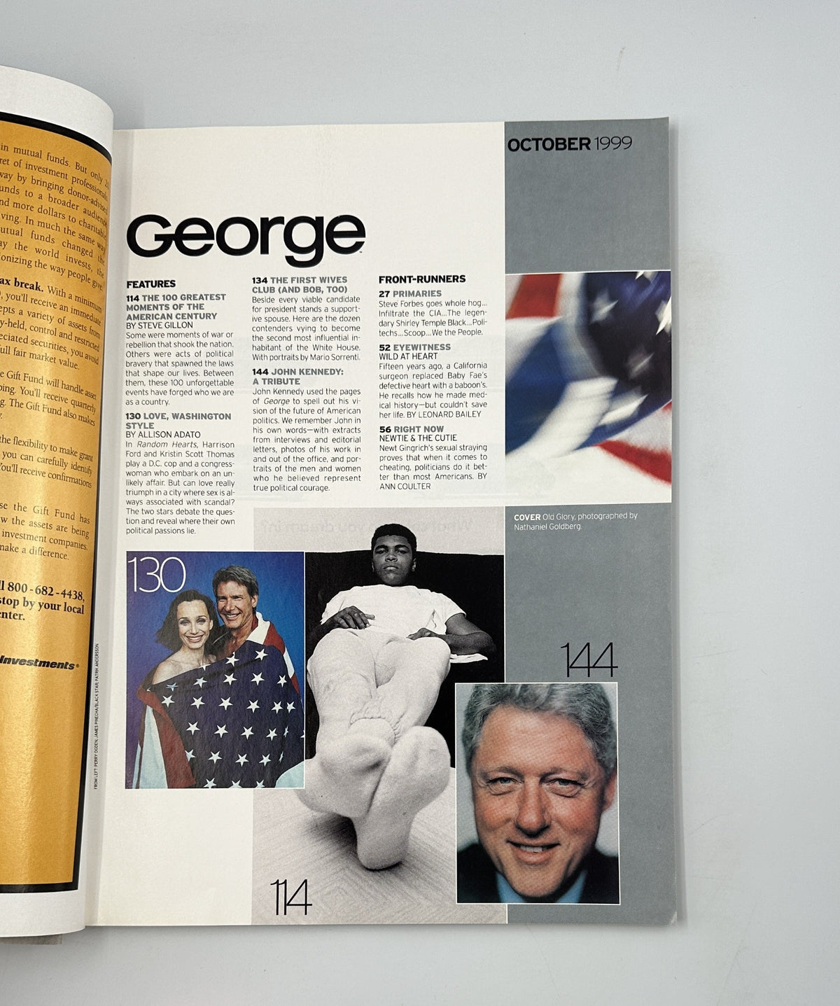 Table of contents from George Magazine October 1999 featuring articles like 'The 100 Greatest Moments of the American Century' and 'John Kennedy: A Tribute', highlighting various political features and notable moments.