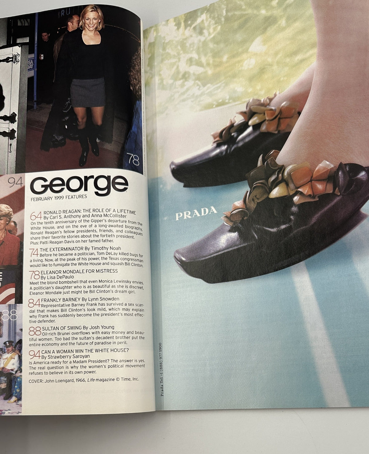 Inside page of George Magazine February 1999 displaying the table of contents with feature articles including Ronald Reagan, The Exterminator, and Eleanor Mondale. Also highlights political themes and fashion with a PRADA advertisement.