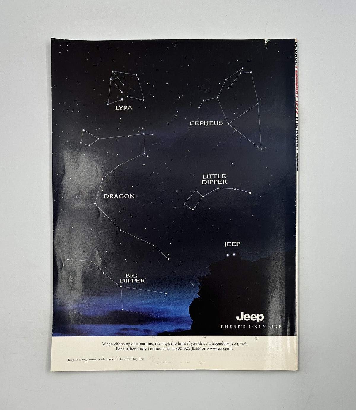 Back cover of George Magazine February 1999 featuring a Jeep advertisement with a star constellation theme, complementing the issue's focus on prominent figures like Ronald Reagan and Eleanor Mondale.