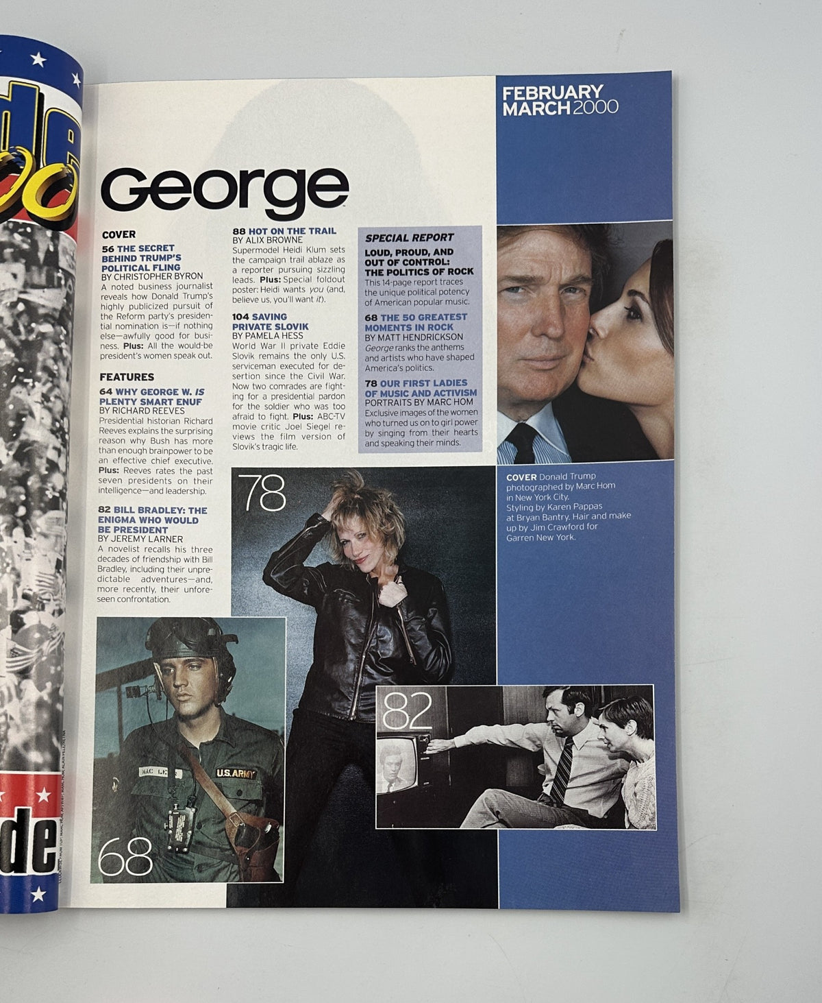 Interior page of George Magazine from February 2000 showcasing features including Donald Trump, campaign coverage, and articles about political and rock culture.