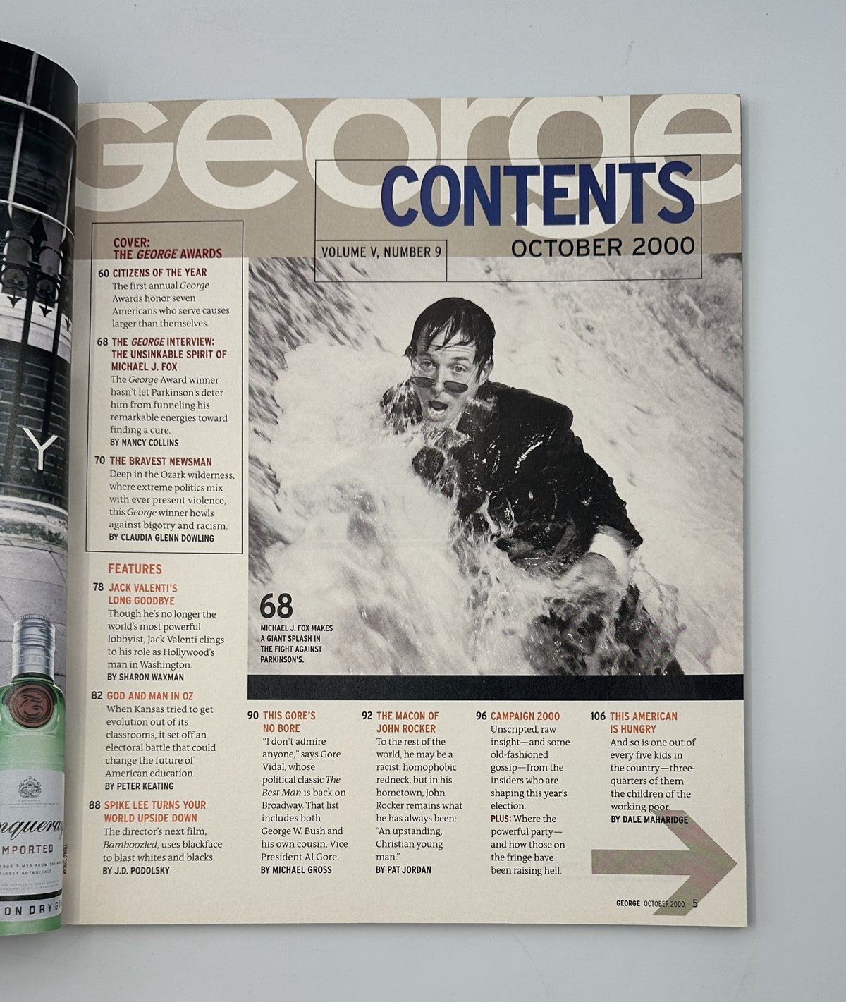 Another Table of Contents page from George Magazine October 2000, detailing articles including features on John Rocker and the campaign insights for the election.