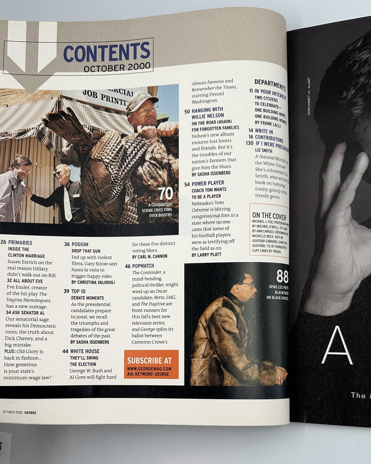 Inside page of George Magazine October 2000 showing the Table of Contents. Features highlights from the issue including the George Awards and an exclusive interview with Michael J. Fox.