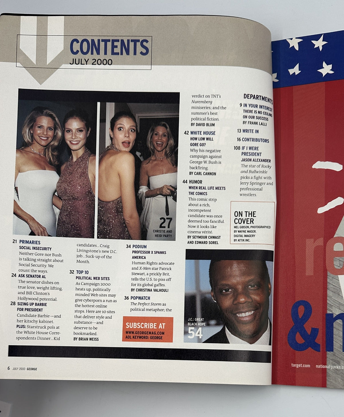 Second contents page of George Magazine July 2000, showcasing features on political themes and notable individuals like J.C. Watts, with a detailed table of contents.