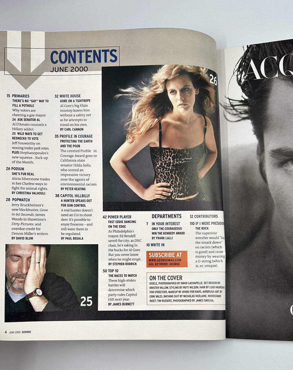 Contents page of George Magazine June 2000, listing features including 'Profiles in Courage' and 'Capitol Hillbilly'.