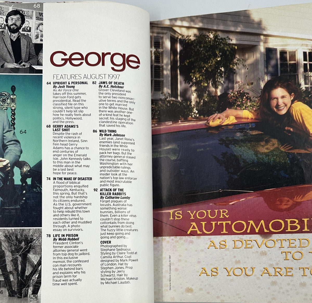 Inside spread of George Magazine August 1997, highlighting articles including 'Upright & Personal' with Harrison Ford, 'Gerry Adams's Last Shot', and a feature on survival in the wake of disaster.