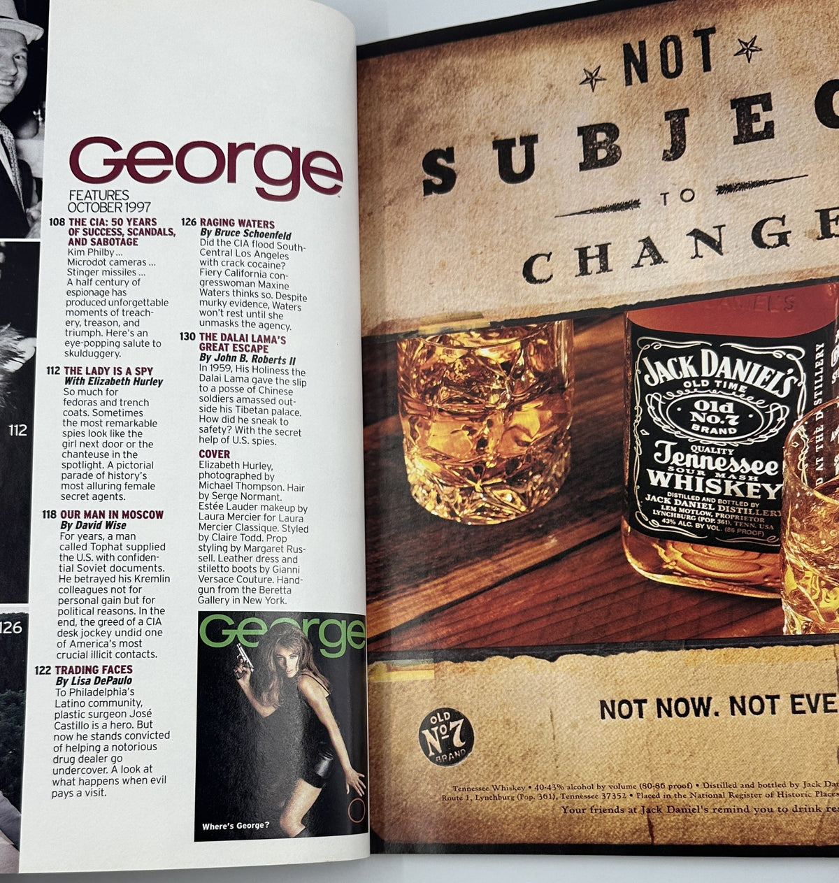 Inside page of George Magazine October 1997 displaying the table of contents, featuring articles like 'The Lady is a Spy' and 'The Dalai Lama’s Great Escape.' Highlights Elizabeth Hurley.