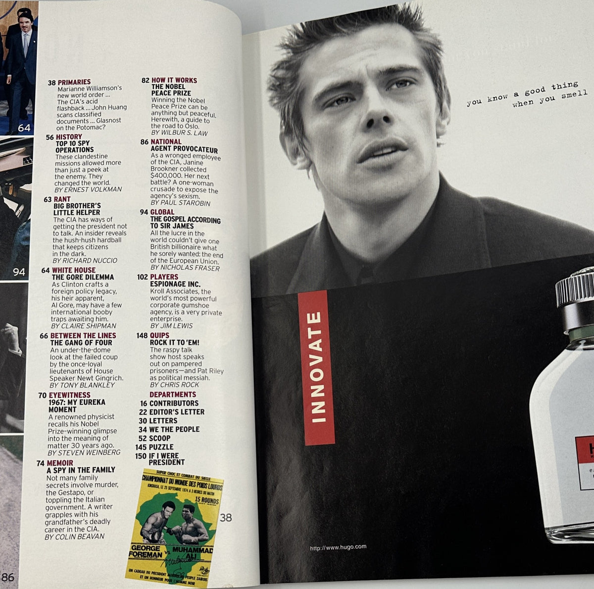 Another inside page from George Magazine October 1997 showcasing articles including 'The Gore Dilemma' and 'Agent Provocateur,' with a focus on contemporary issues alongside celebrity features.