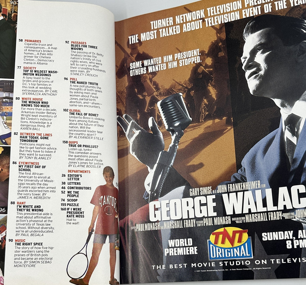 Another page from George Magazine September 1997 featuring articles such as 'Passages' and 'The Naked Truth', along with a promotional image for the TV event 'George Wallace'.
