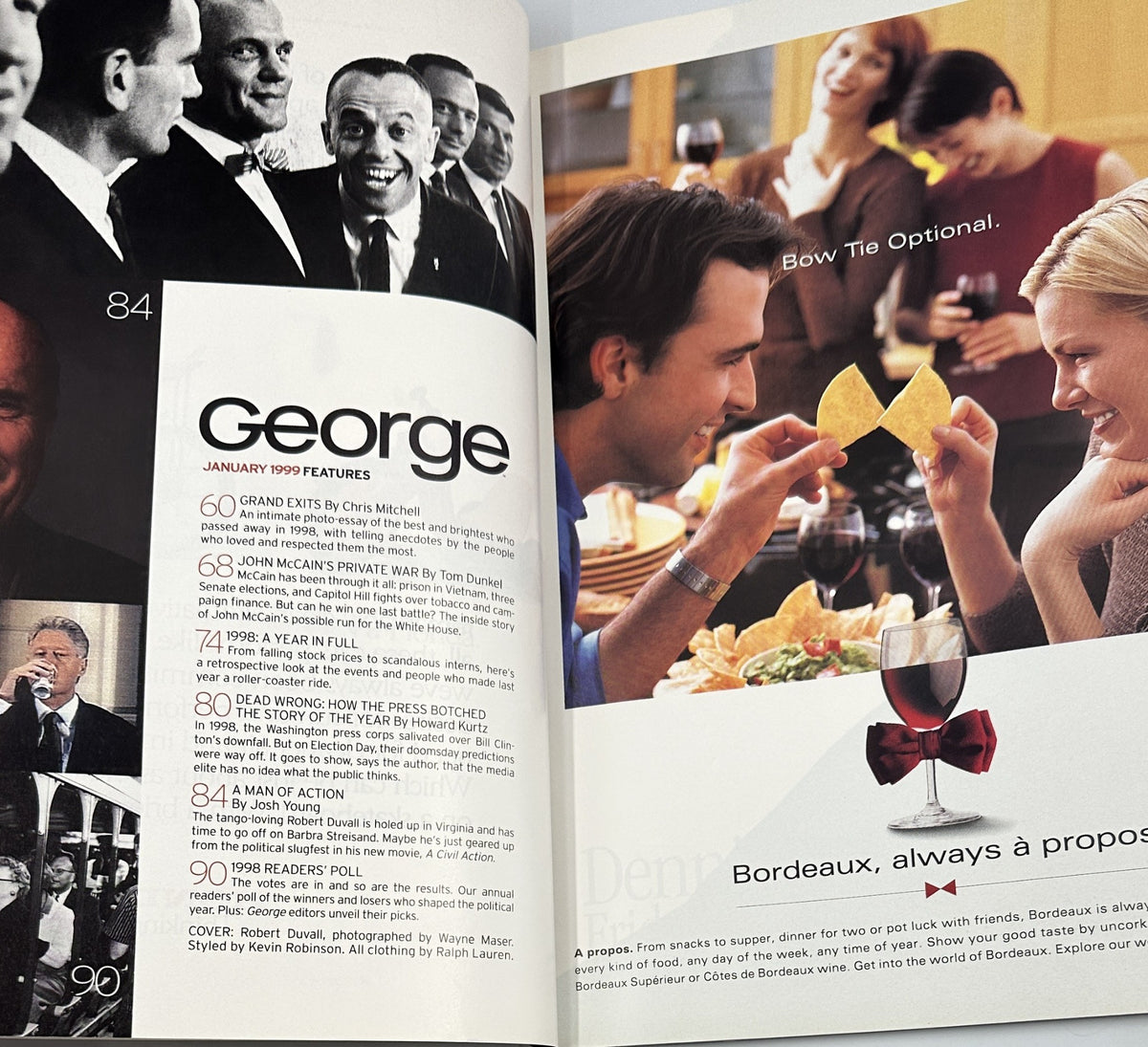 Interior spread of George Magazine January 1999 showcasing articles, including 'George' features on John McCain and the best moments of 1998.