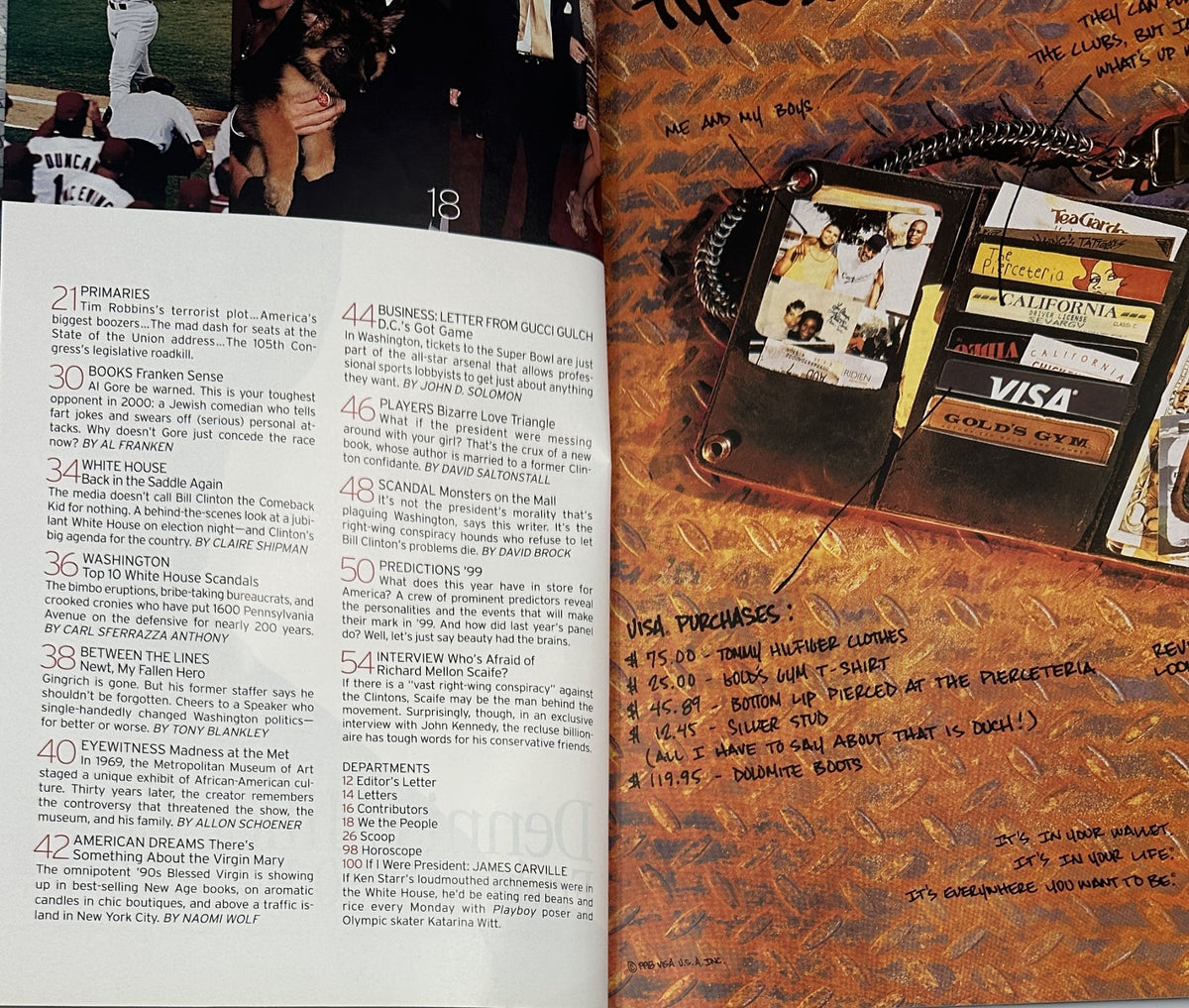 Another interior page of George Magazine January 1999, highlighting various articles including features on presidential politics and cultural commentary.