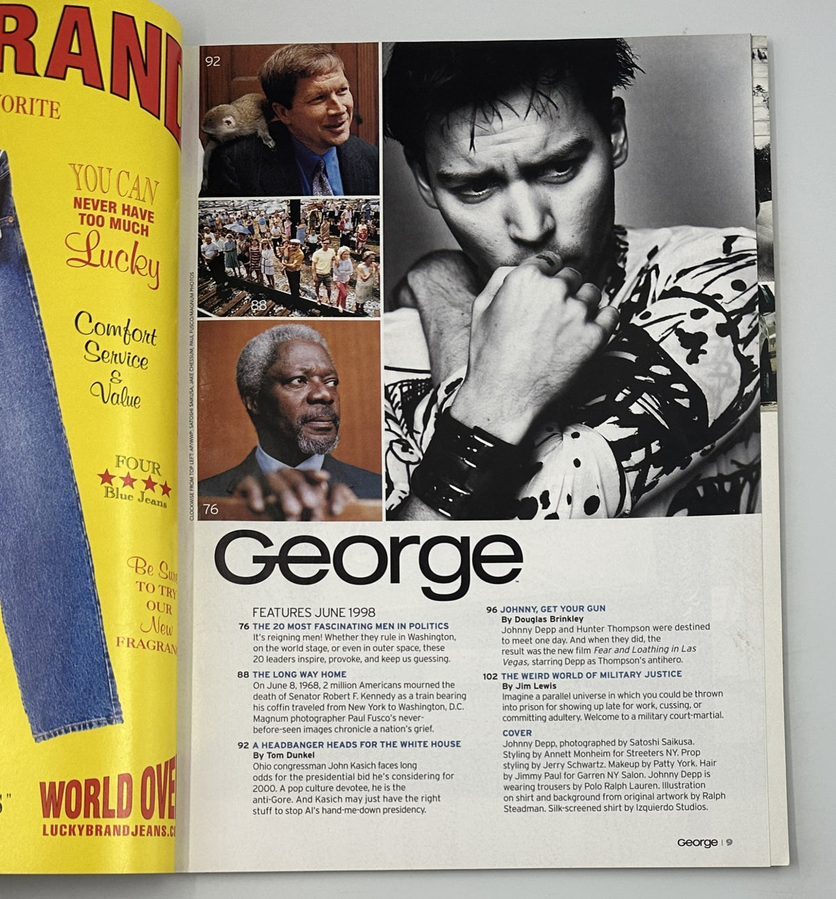 Page from George Magazine June 1998 featuring notable articles including 'The 20 Most Fascinating Men in Politics' and 'Johnny, Get Your Gun' highlighting Johnny Depp's film inspired by Hunter Thompson.