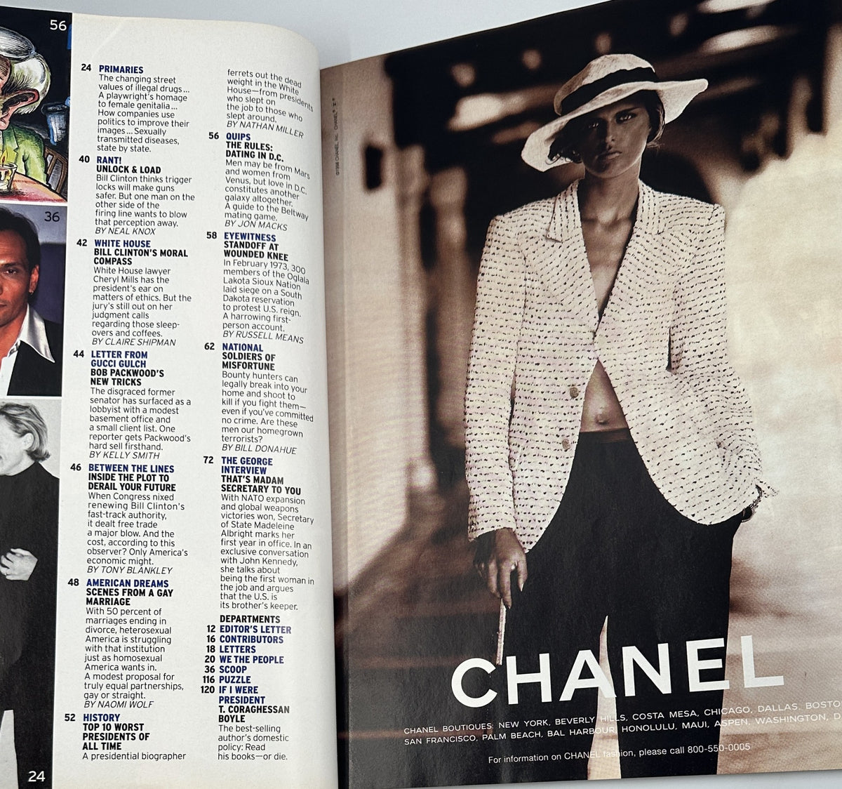 Chanel advertisement featuring a model in a stylish blazer for George Magazine February 1998, highlighting fashion trends of the era.
