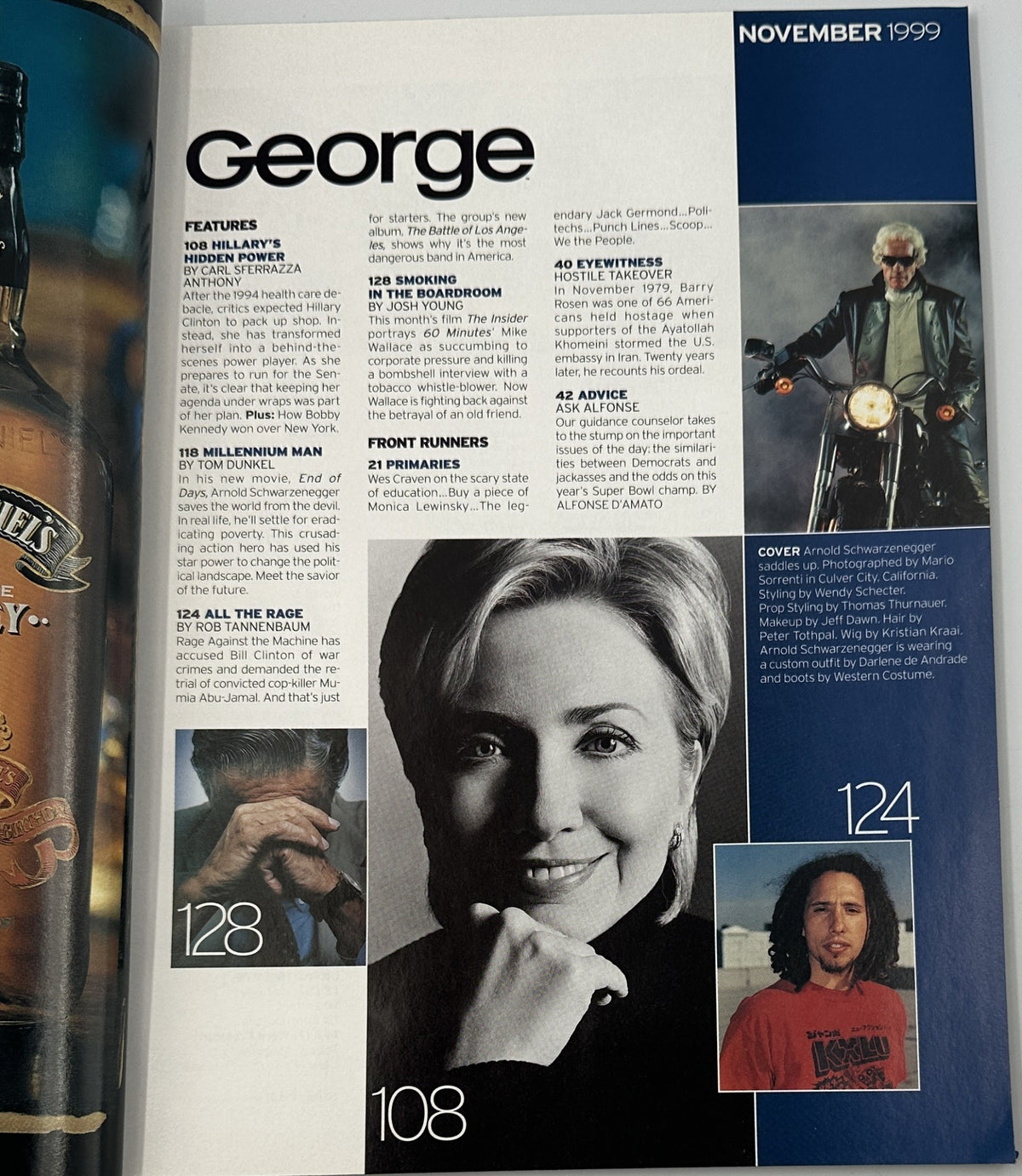 Inside page of George Magazine November 1999 showcasing Arnold Schwarzenegger and Hillary Clinton with features about political figures and cultural commentary.