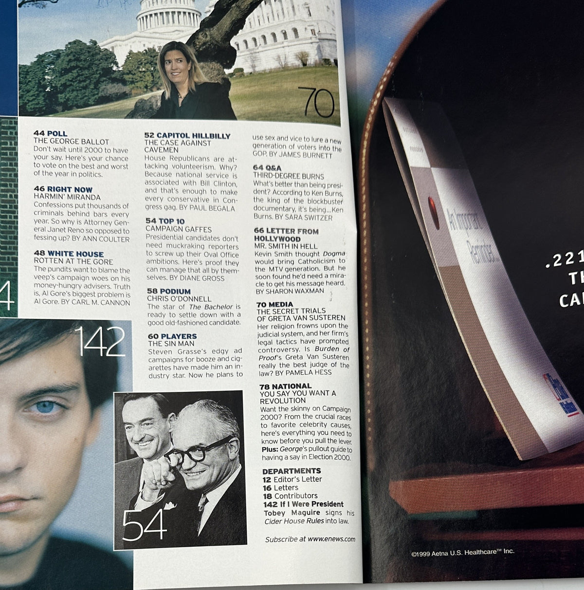 Another inside page of George Magazine November 1999 featuring content on political issues and notable personalities, including a profile on Hillary Clinton.
