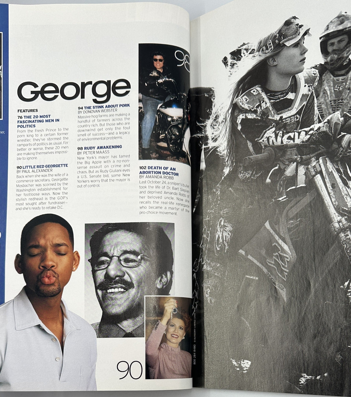 Inside page of George Magazine April 1999 showcasing the feature 'The 20 Most Fascinating Men in Politics' and images of prominent personalities.
