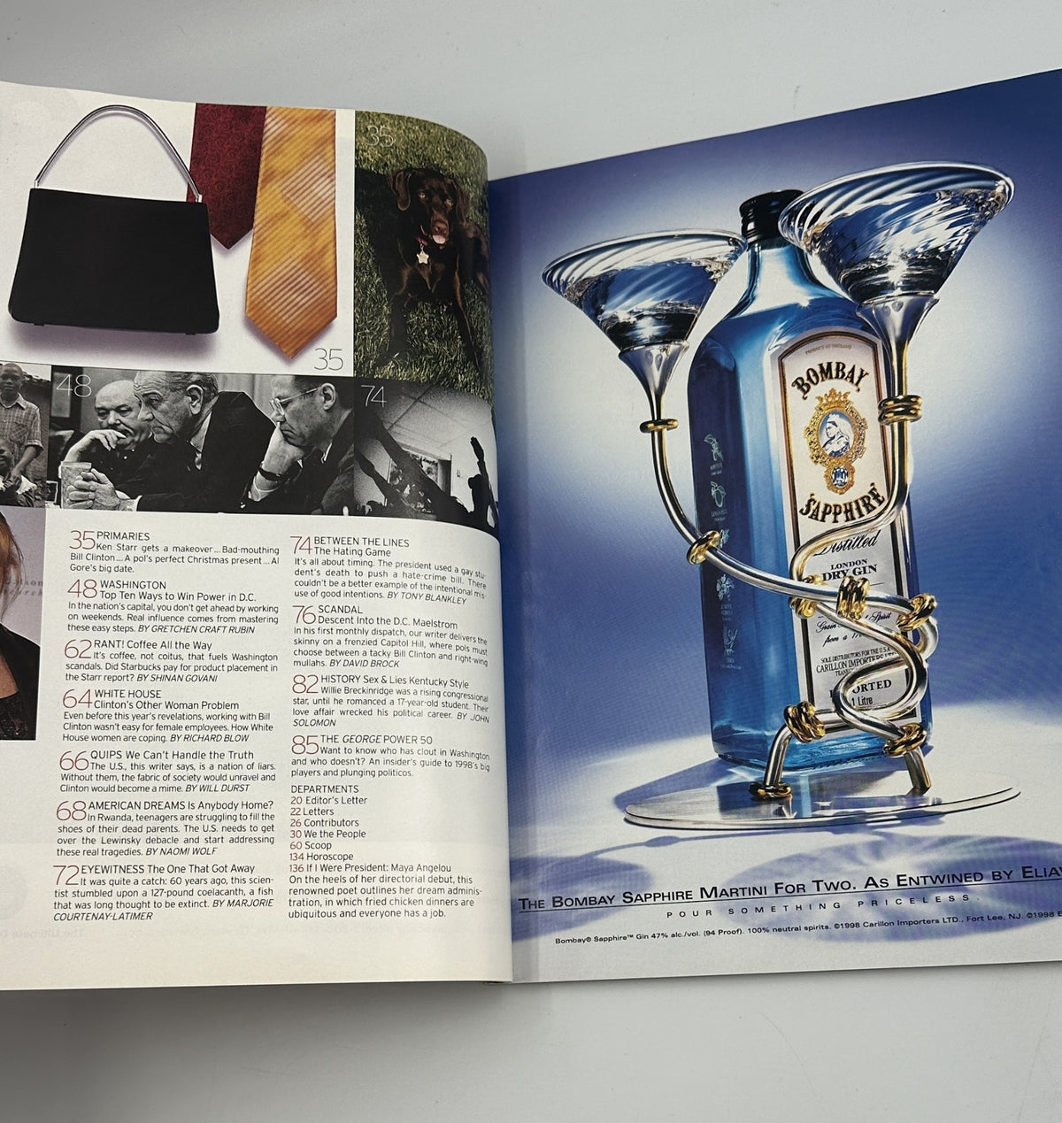 George Magazine December 1998 page showcasing Bombay Sapphire Martini advertisement with product details.
