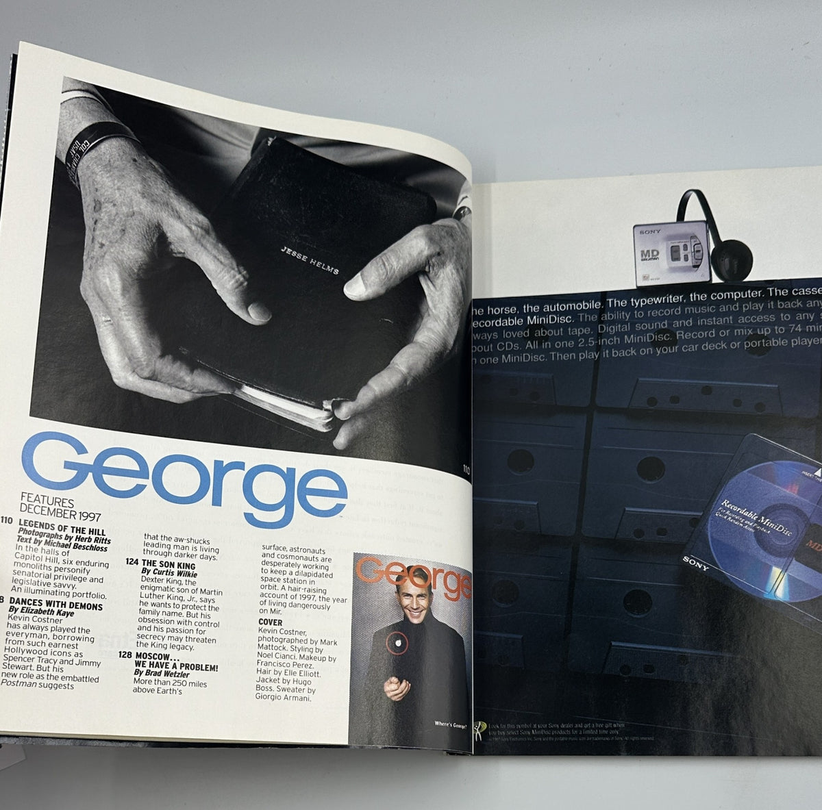 Inside page of George Magazine December 1997 featuring content about Jesse Helms and media technology, alongside features on notable personalities including Fiona Apple. The layout includes text and images for enhanced readability.