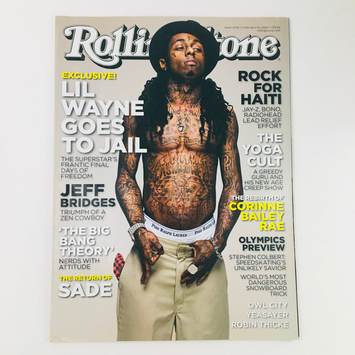 Cover of Rolling Stone Magazine #1098 featuring Lil Wayne, dated February 18, 2010, highlighting the rapper's jail sentence. An iconic piece of music history.