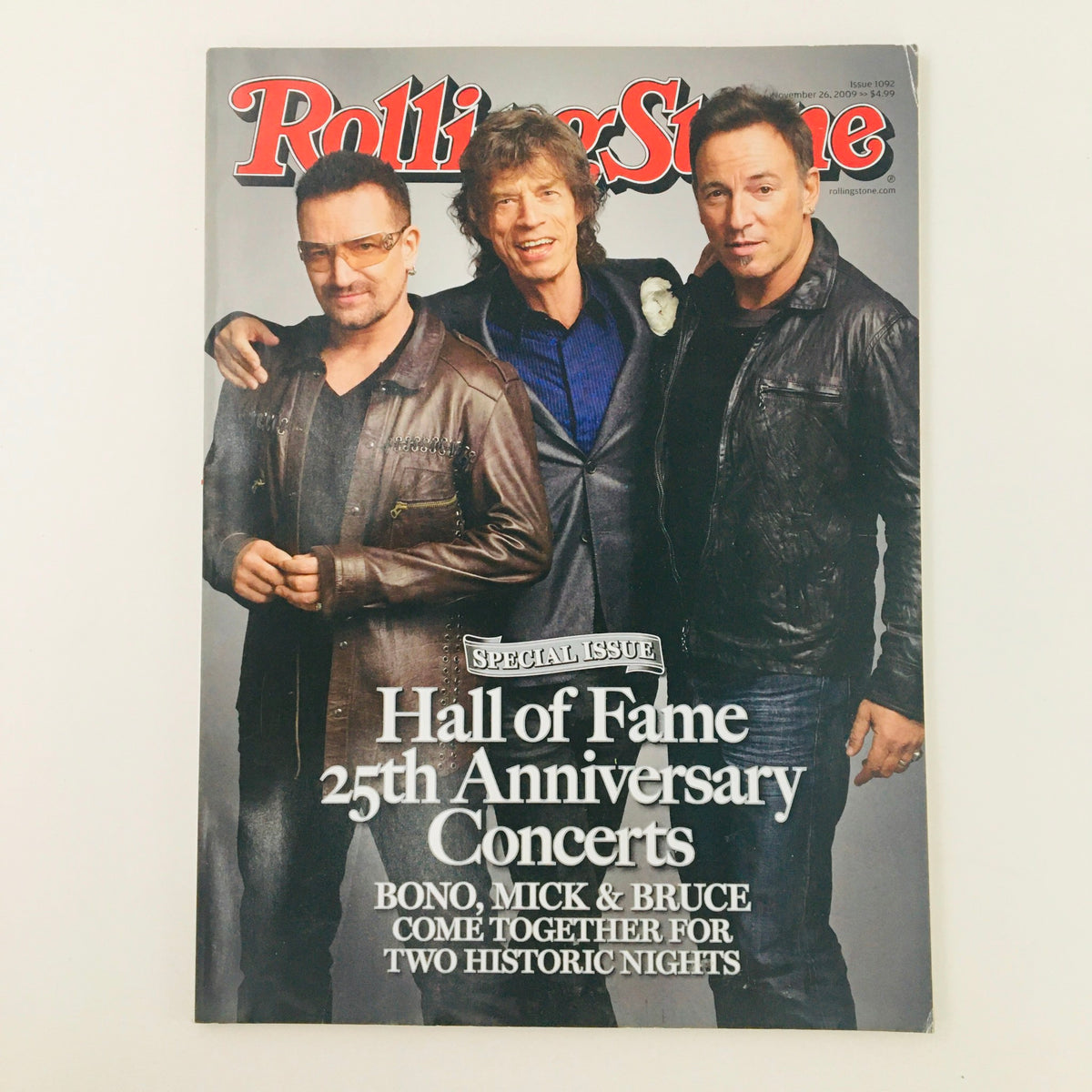 Rolling Stone Magazine cover from November 26, 2009 featuring Bono, Mick Jagger, and Bruce Springsteen, celebrating the Hall of Fame 25th Anniversary Concerts.