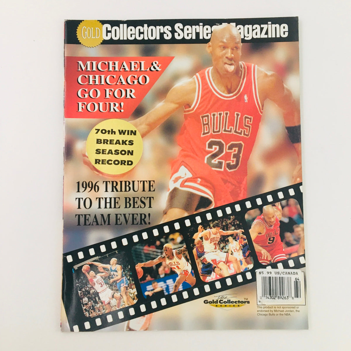 Cover of The Gold Collectors Series 1996 NBA Chicago Bulls' Michael Jordan magazine featuring Michael Jordan in a Chicago Bulls jersey, celebrating a historic basketball moment with text highlighting the Bulls' achievements in the 1996 season.