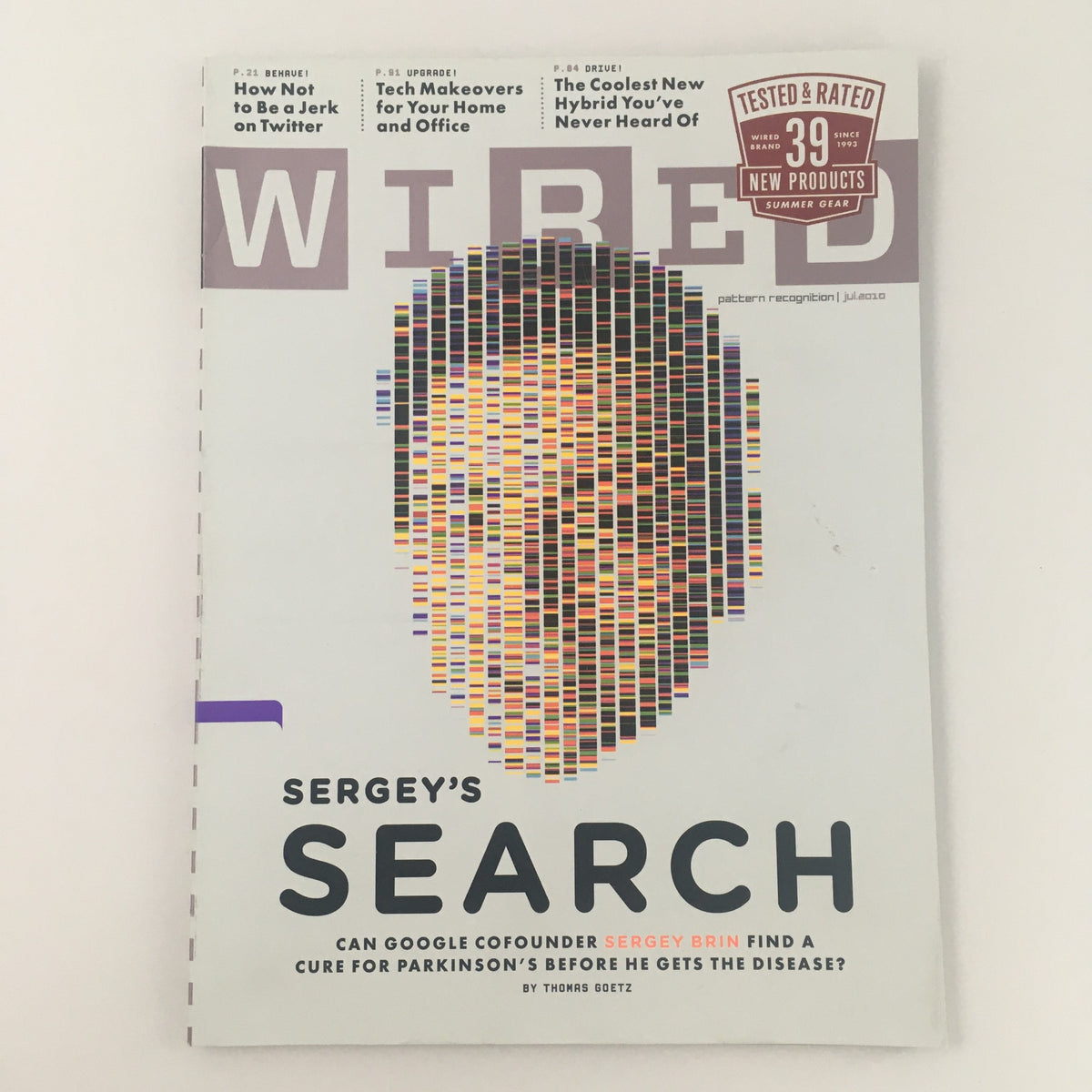 Wired Magazine July 2010 featuring Google cofounder Sergey Brin's search for a cure for Parkinson's disease, showcasing a pixelated image of Brin on the cover.