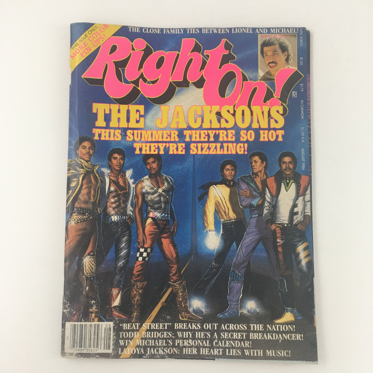 Right On Magazine August 1984 featuring The Jacksons on the cover, showcasing the band's vibrant style and energy, a significant piece of 1980s pop culture history.
