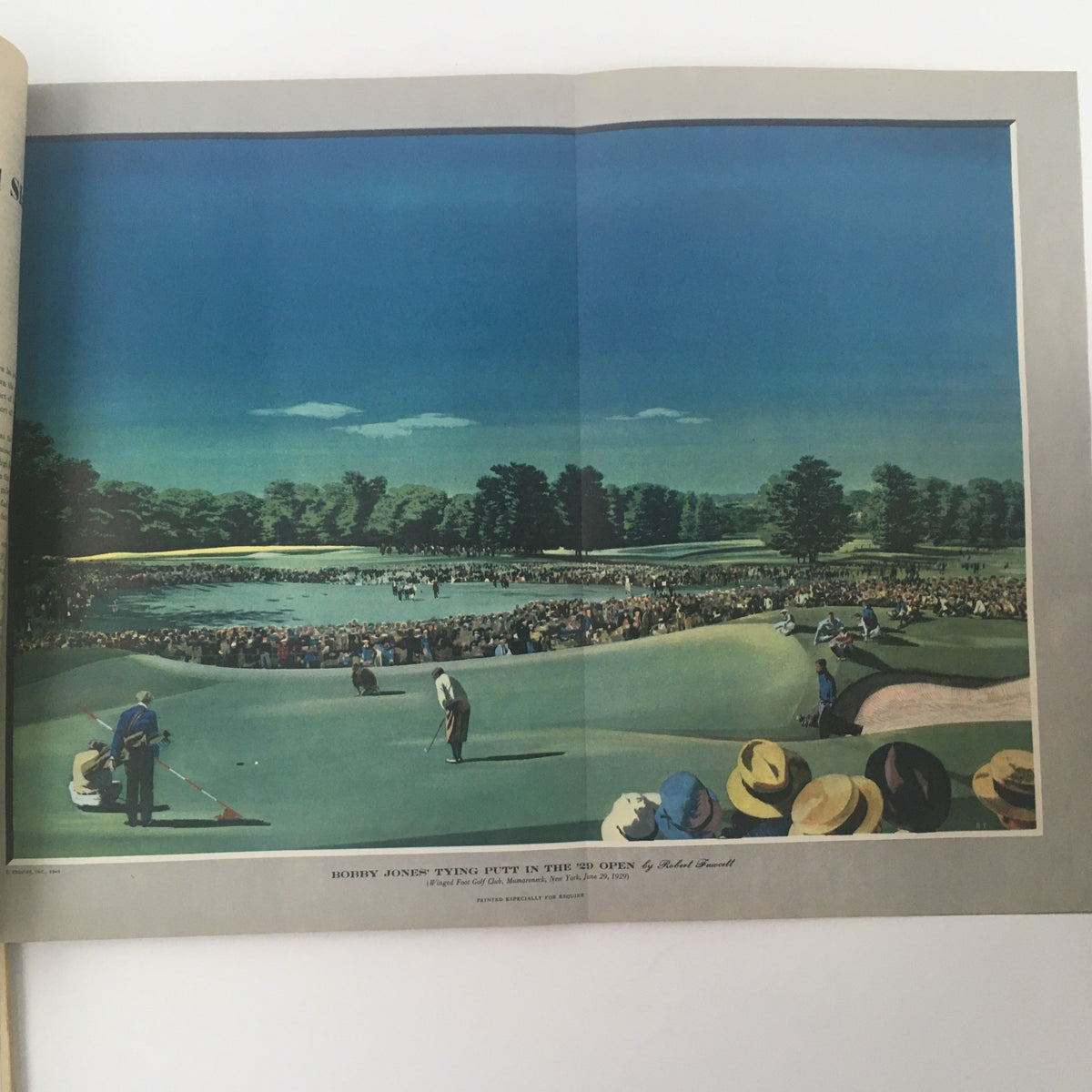 Interior page of Esquire Magazine June 1945 depicting Bobby Jones tying a putt at a golf tournament, capturing a historic sports moment.