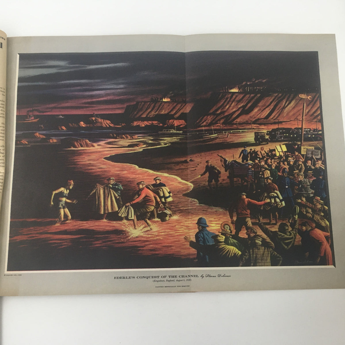 Illustration titled 'Ederle's Conquest of the Channel' from Esquire Magazine March 1945, depicting a historical scene filled with figures and dramatic landscape, reflecting significant cultural moments.