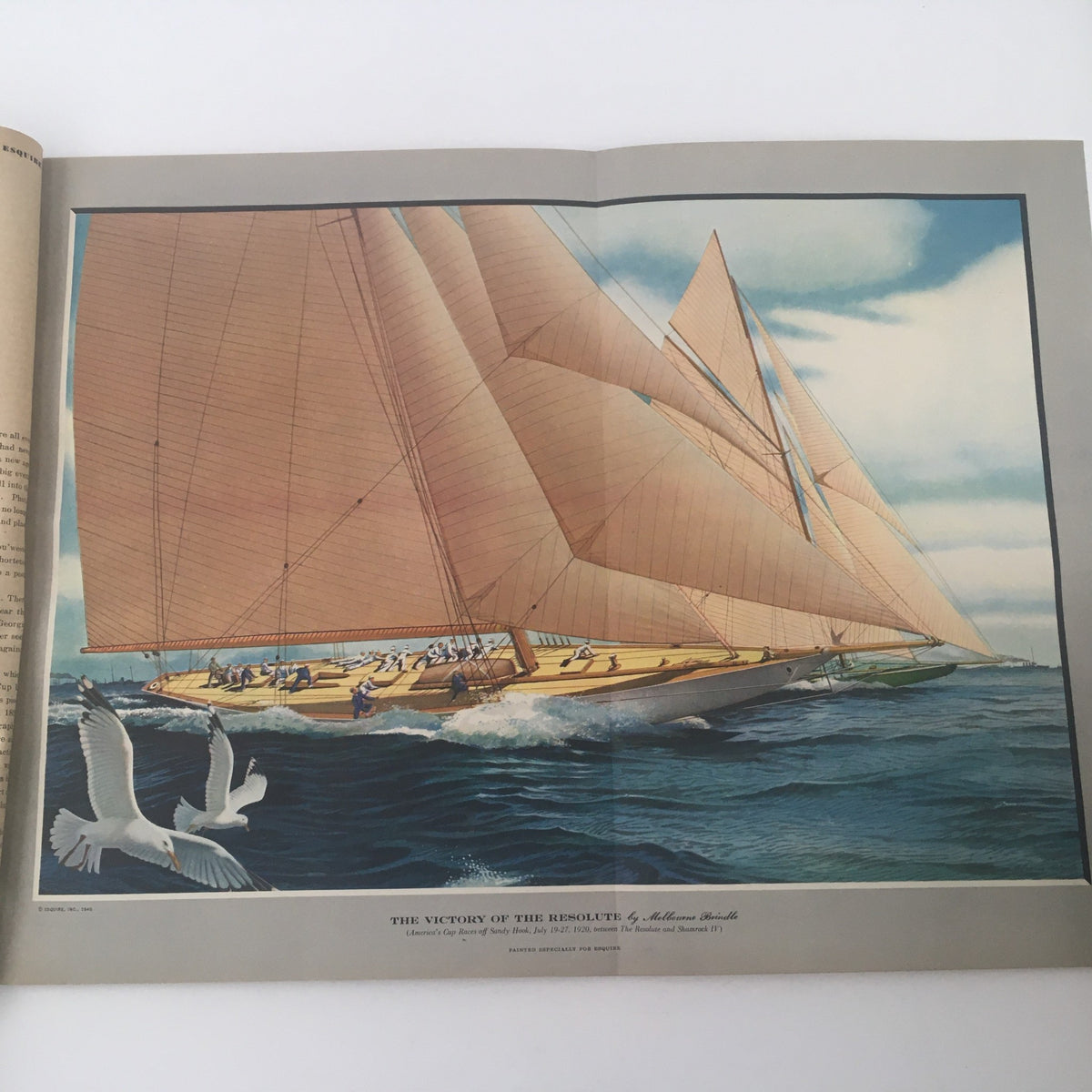 Esquire Magazine February 1945 featuring a vibrant illustration of a sailing yacht, depicting the historical 'Victory of the Resolute' by Mathews Brice, capturing the essence of nautical themes from the post-war era.