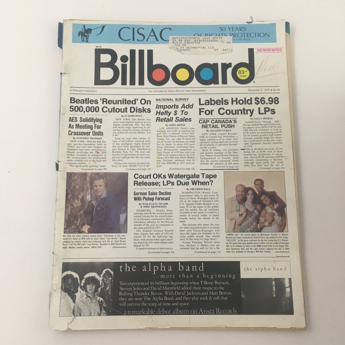 Billboard Newspaper from November 6, 1976 featuring Mel Tillis and a cover story about the Beatles Reunited with 500,000 Cutout Disks, showcasing articles about music industry trends of the 1970s.