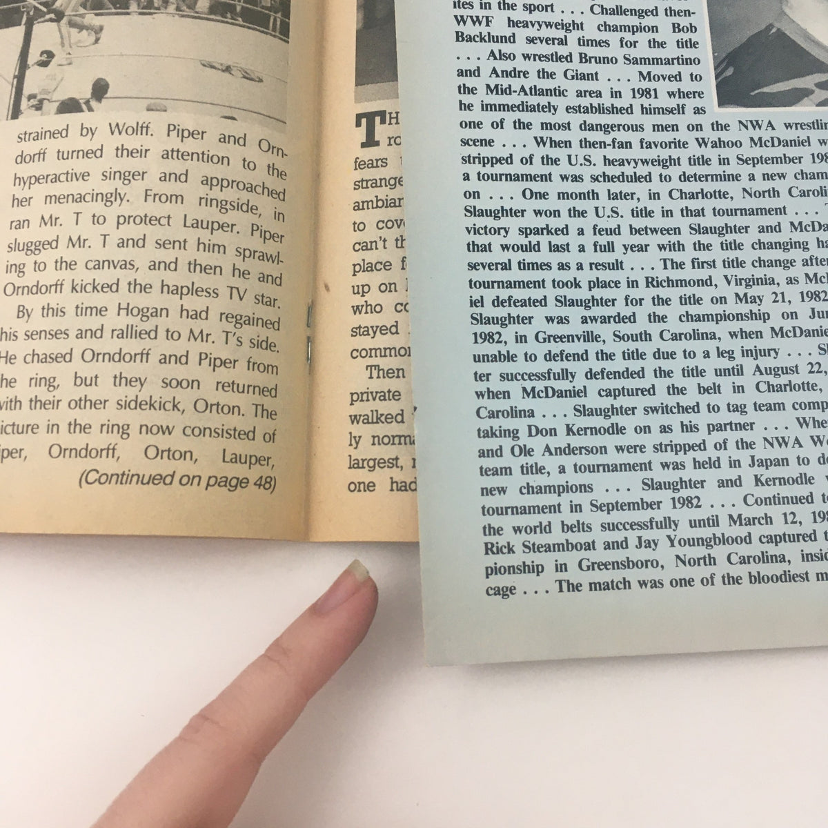 Pro Wrestling Illustrated Magazine July 1985, featuring a detailed view of an open page with text, emphasizing the nostalgic content of this vintage magazine.