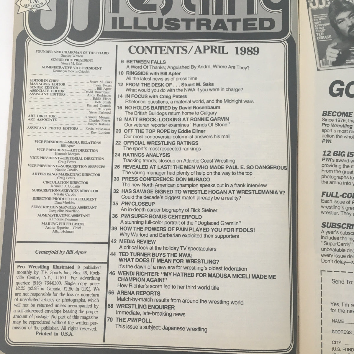 Table of contents from Pro Wrestling Illustrated April 1989 showing articles and features including Randy Savage and Hulk Hogan.