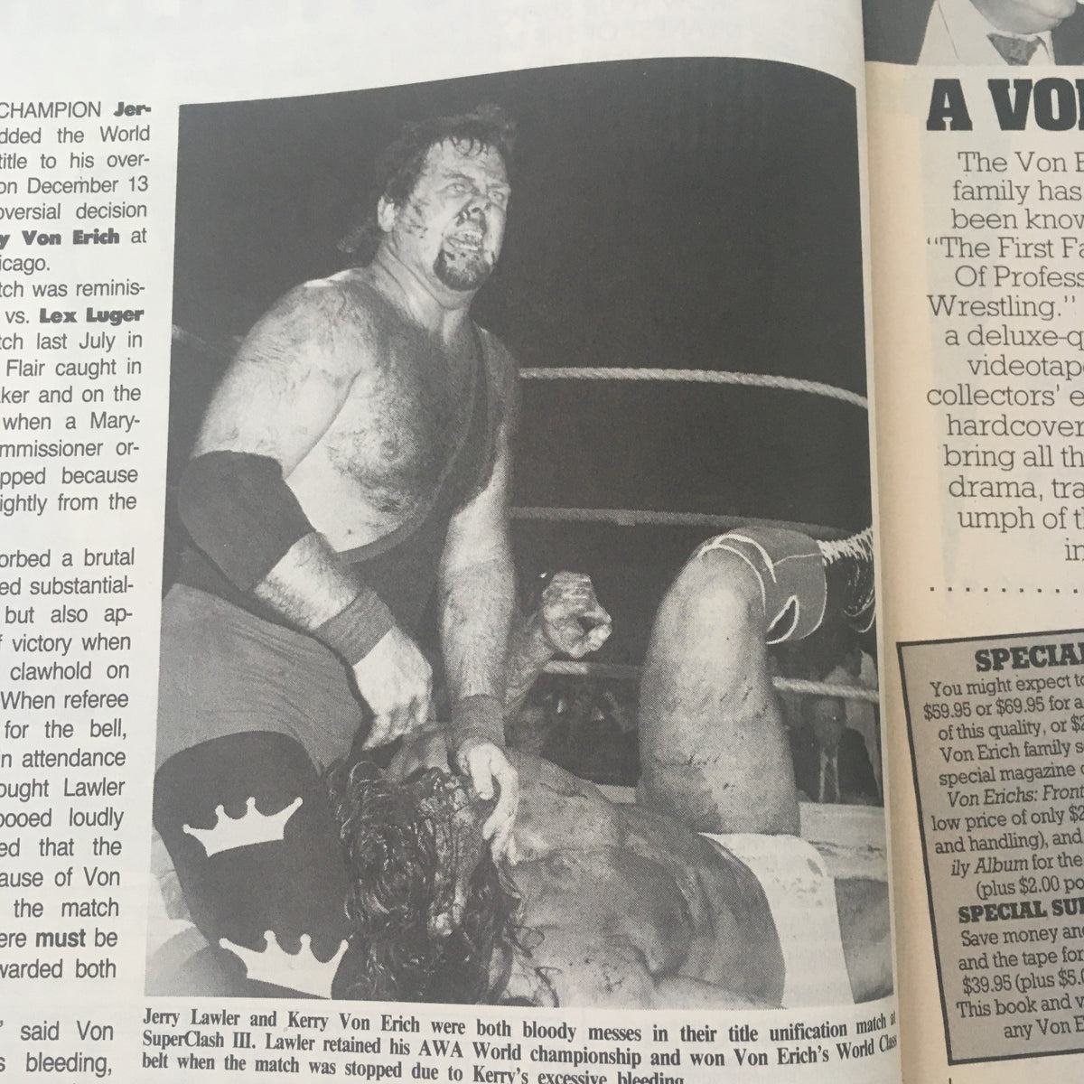 Photo of Jerry Lawler and Kerry Von Erich in an intense wrestling match featured in Pro Wrestling Illustrated April 1989.