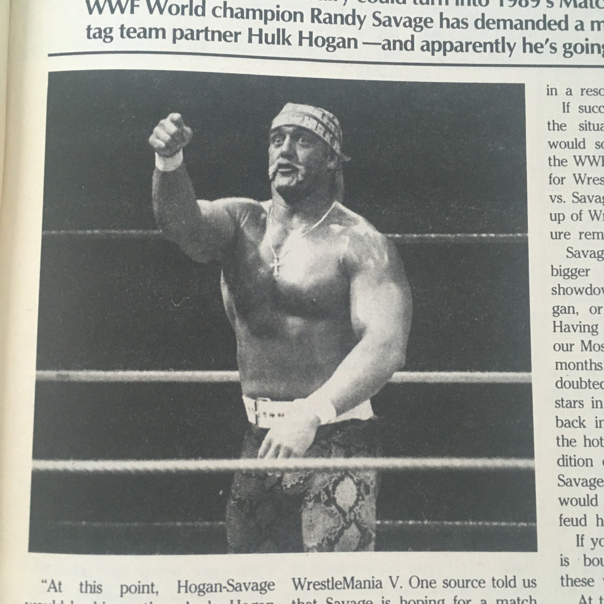 Image of Hulk Hogan in the ring from Pro Wrestling Illustrated April 1989 discussing his rivalry with Randy Savage.