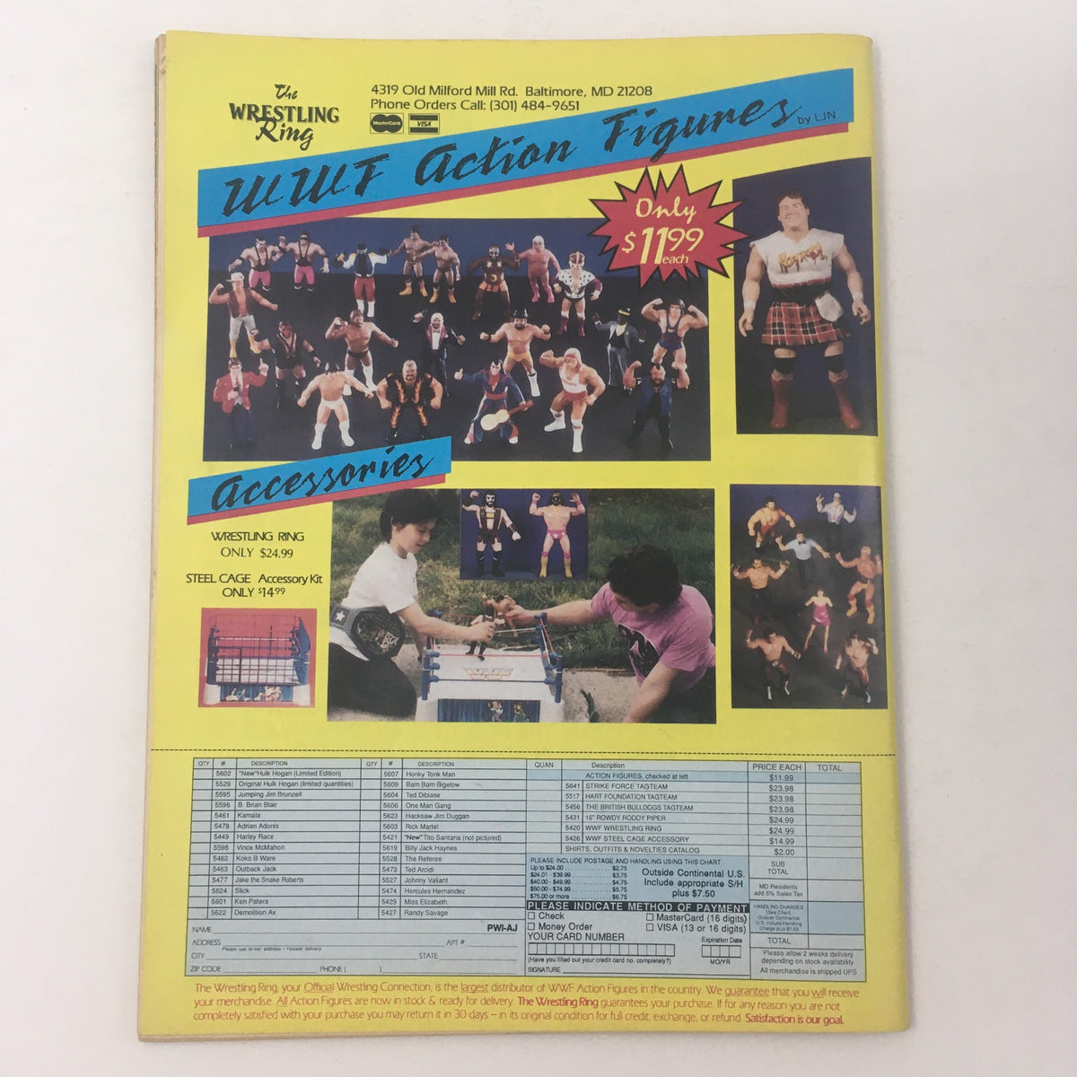 Back cover of Pro Wrestling Illustrated April 1989 featuring UWF Action Figures advertisement, showcasing wrestling figures and accessories.